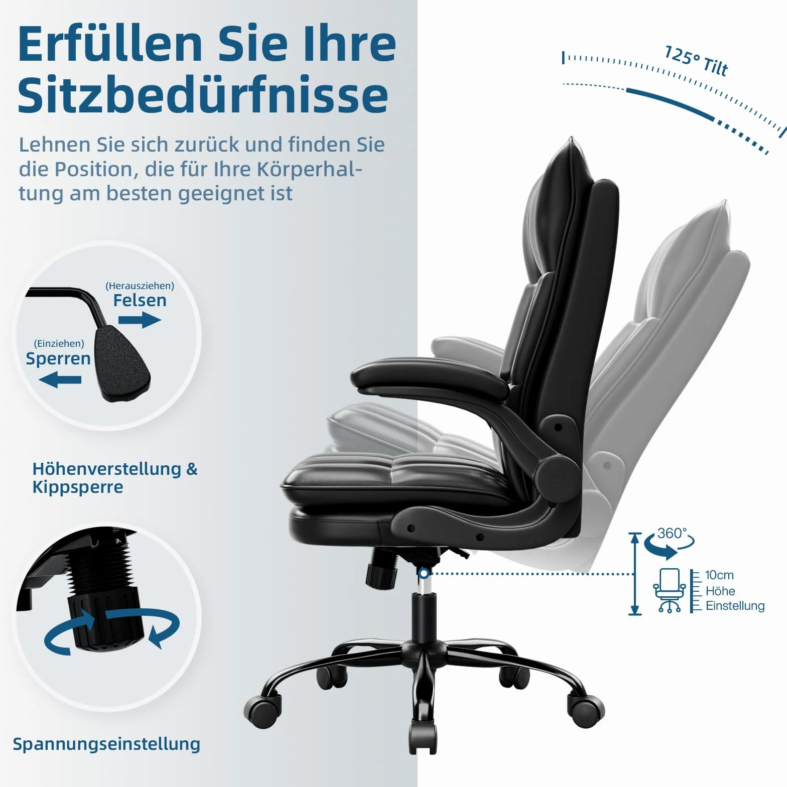 BAYGE Sedia Ufficio, Sedia Ergonomica per Computer con Braccioli Ripiegabili, Poltrona Direzionale con Sedile Largo, Altezza Regolabile, Comoda per Ufficio, Casa e Giochi, Portata fino a 150 kg, Nero