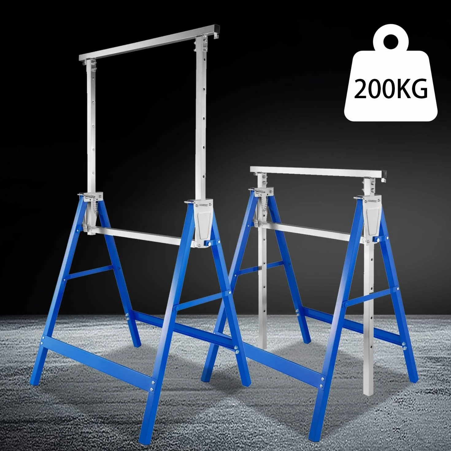 Cavalletti da lavoro pieghevoli regolabili metallo portata 200 kg 80-130 cm blu argento