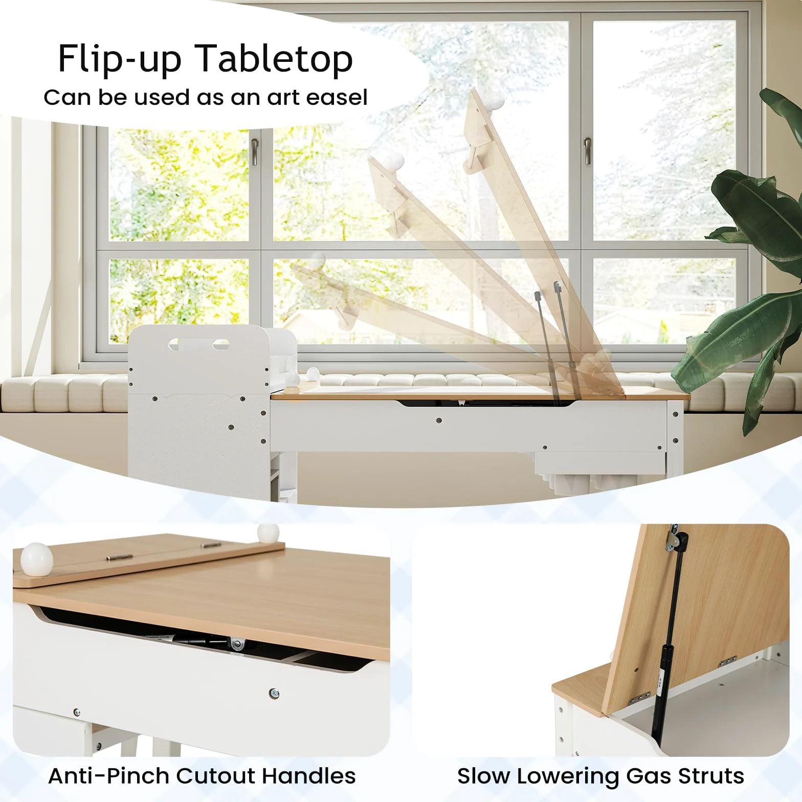 LIFEZEAL Tavolino Bambini, in Legno, con Sedia, Lavagna, Cavalletto, Scaffale per Giocattoli, Libreria, Porta Rotolo di Carta, Tavolo Bambini da Cameretta, Set per Bimbi 3+Anni, Naturale