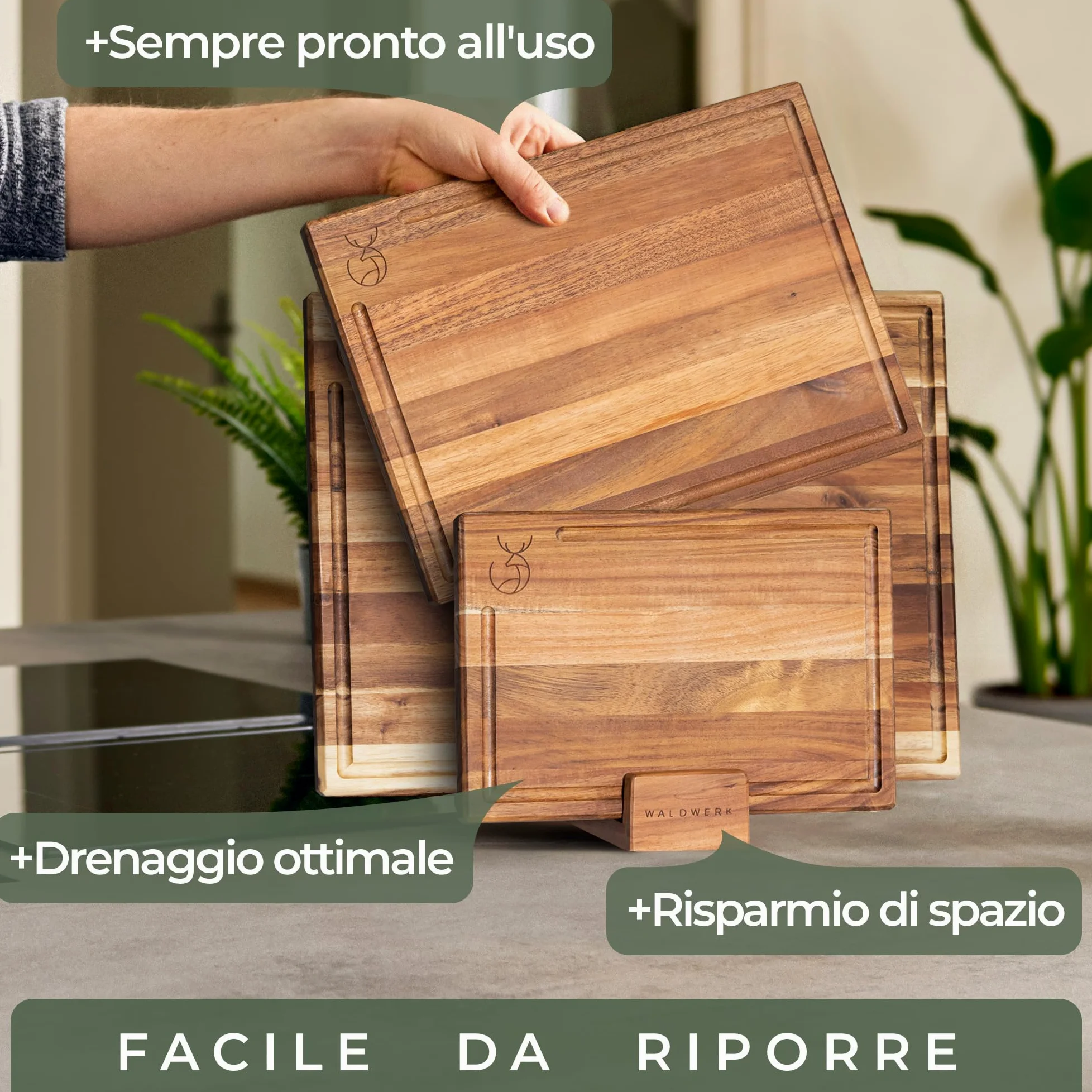 WALDWERK Set di 3 taglieri (40x30 / 33x24 / 26x18 cm) in massiccio legno di acacia - Tagliere da cucina con supporto - Taglieri legno spessi 2 cm con canalina per il succo