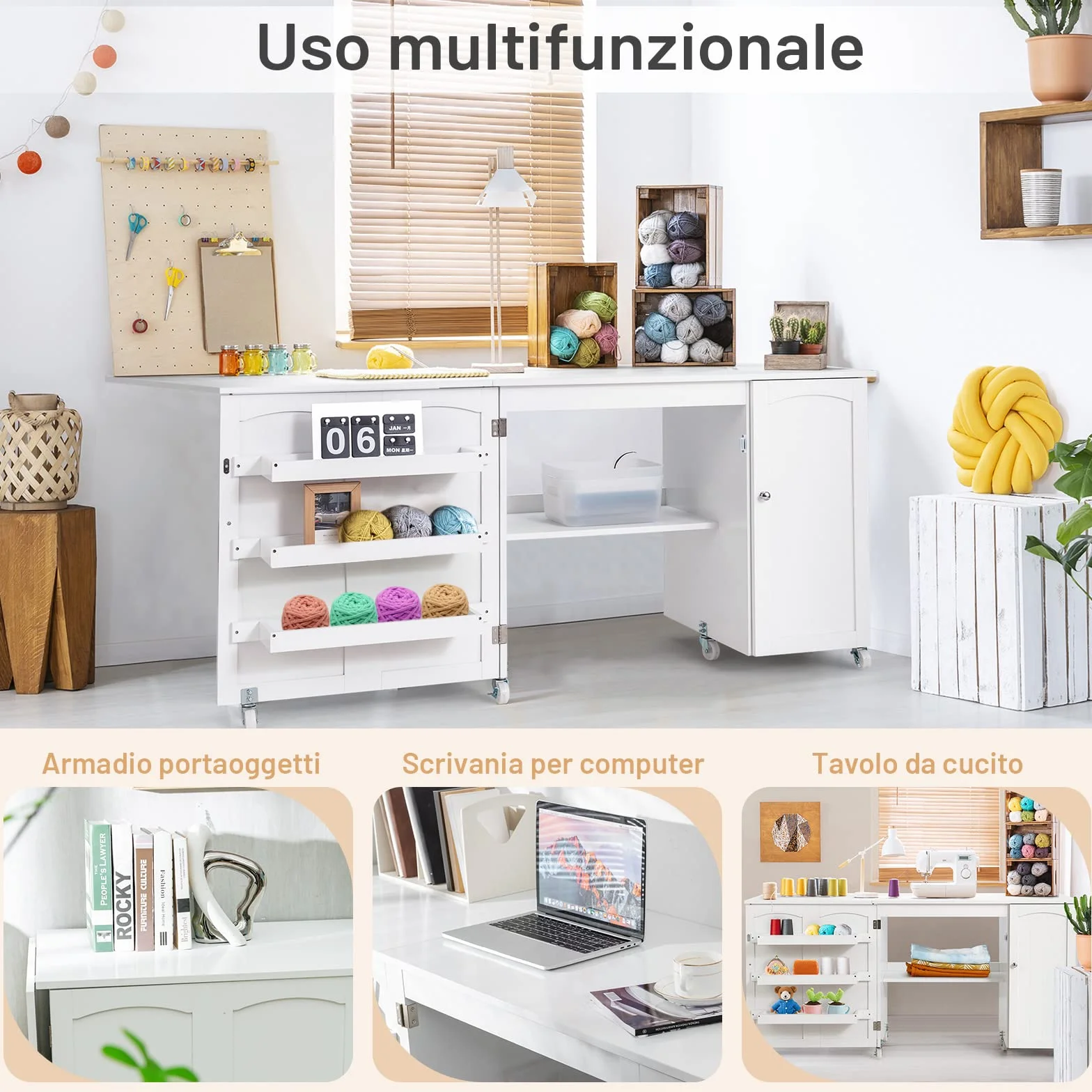 GYMAX Tavolo Pieghevole da Cucito, Scrivania e Armadio da Cucito 2 in 1, Tavolo per Macchina da Cucire con Rotelle, 3 Scompartimenti Laterali e 1 Armadietto, 2 Ruote con Freno (Bianco)