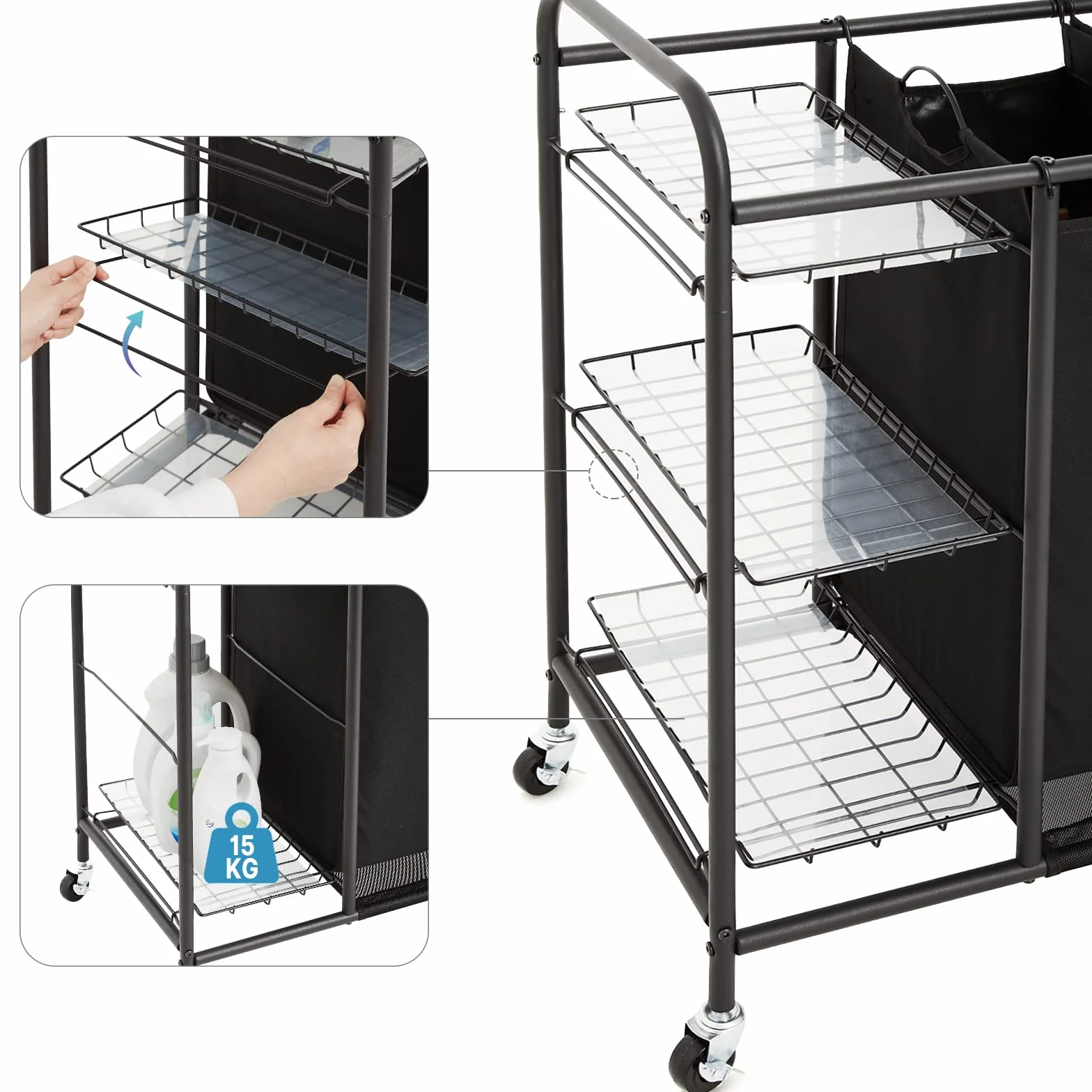 Meerveil Carrello Porta Biancheria con 3 Sacchi Rimovibili, Ceste per Bucato con Rotelle Universali