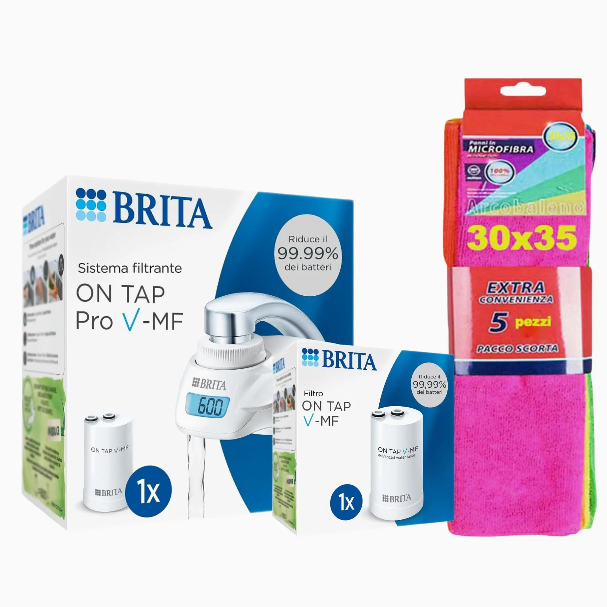 Brita Kit Completo : 1 Sistema Filtrante On Tap (con incluso 1 Filtro)+ 1 Filtro di Ricambio + 5 panni Microfibra
