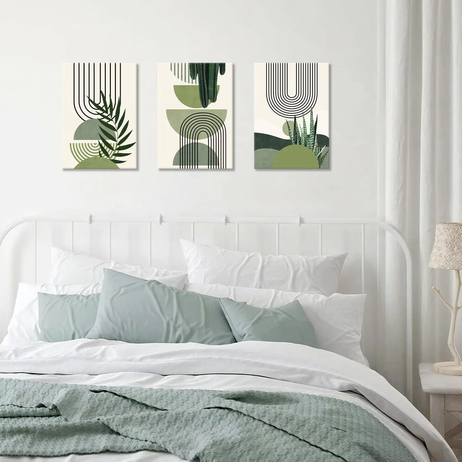 Quadri Moderni Verde Salvia Boho Stampa su Tela Con Cornice 30x40cmx3 Decorazione Murale