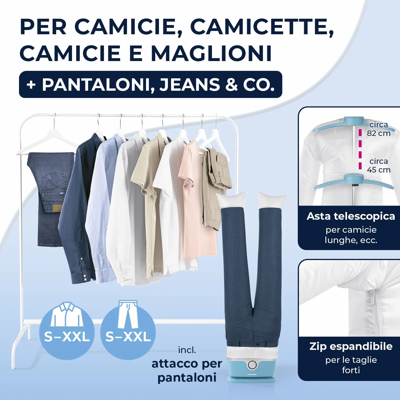 CLEANmaxx Ferro da stiro automatico per camicie PRO con attacco per pantaloni | Sostituisce ferro da stiro, vaporizzatore | Per camicie, camicette e pantaloni | Innovativo ed efficiente