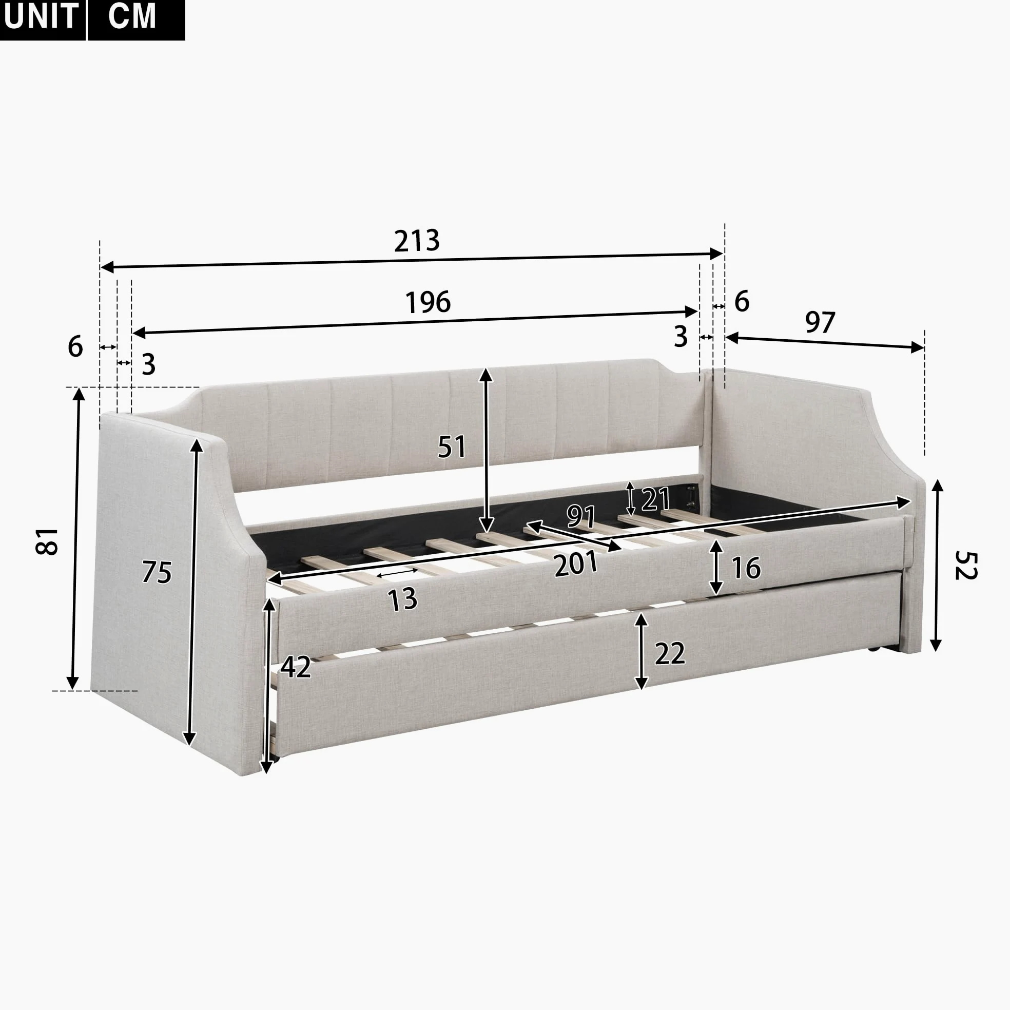 Azkoeesy Letto imbottito 90 x 200 cm, divano letto con secondo letto estraibile, con rete a doghe, lettino per bambini, max 120 kg, rivestimento in lino (beige), WX602