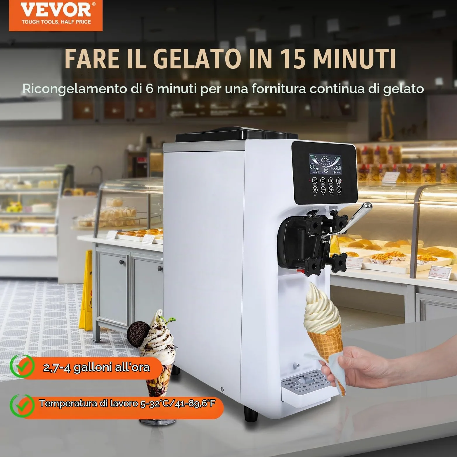 VEVOR Macchina per Gelato Morbido Commerciale, Resa 10 L/H, Macchina per Gelato Soft da Banco 900 W Monogusto, Tramoggia da 4 Litri Cilindro da 1,6 L, Pannello LCD Autopulente, Bar, Ristorante, Hotel