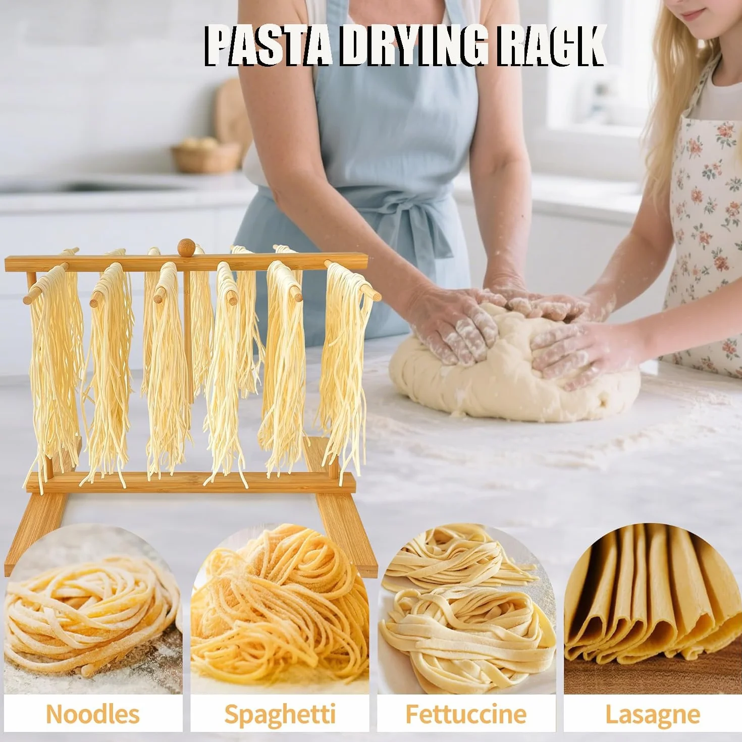 Stendino per Pasta, Stendino per Pasta Fresca, Essiccatore per Pasta, Stendino per Pasta Pieghevole in Legno con Asta di Trasferimento E 12 Aste, Stendino per Cucina Domestica