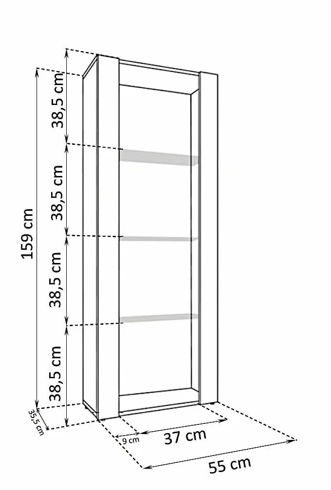Komodee, Vetrina Tivoli, Bianco, Larghezza 55 cm x Altezza 159 cm x Profondità 35 cm, LED BLU, 3 ripiani, Per soggiorno, Camera da letto, anticamera