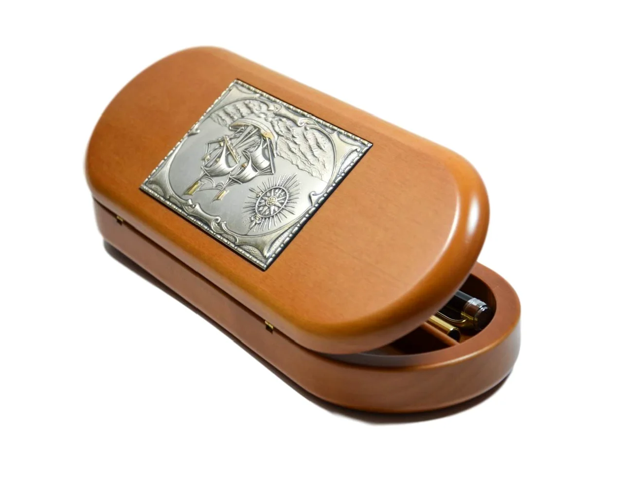 Acca Cofanetto Scatola Porta Penne portaoggetti da scrivania in Legno Artigianale con Scultura in Argento 925