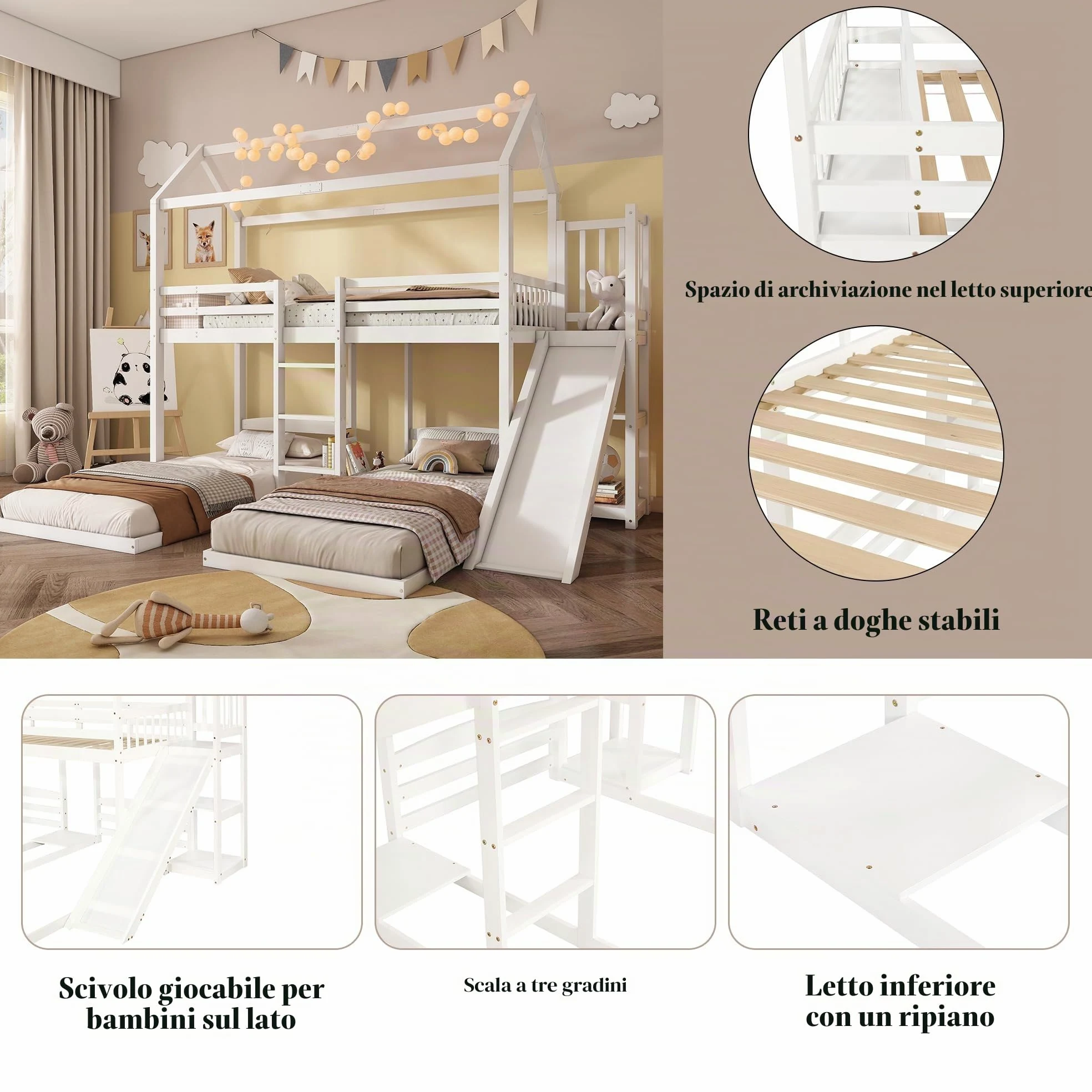 Letto a Castello 90 x 200 cm, Letto a Castello con Scivolo e 3 Posti Letto, per Ragazzi e Bambini (senza Materasso)