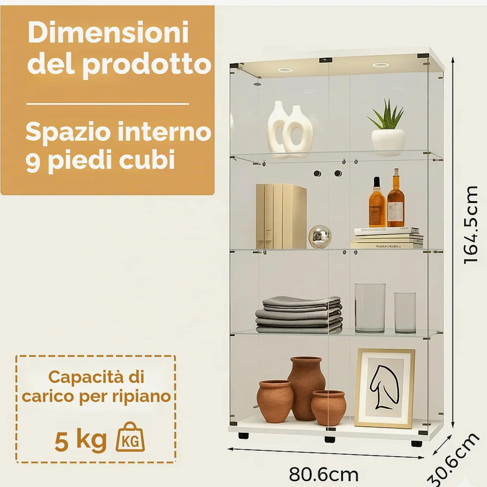 Vetrinetta con illuminazione LED, armadio espositivo bianco 164,5 x 80,6 x 36,5 cm, porte in vetro con serratura, vetrinetta a terra con 2 luci LED, vetro temperato di sicurezza da 5 mm