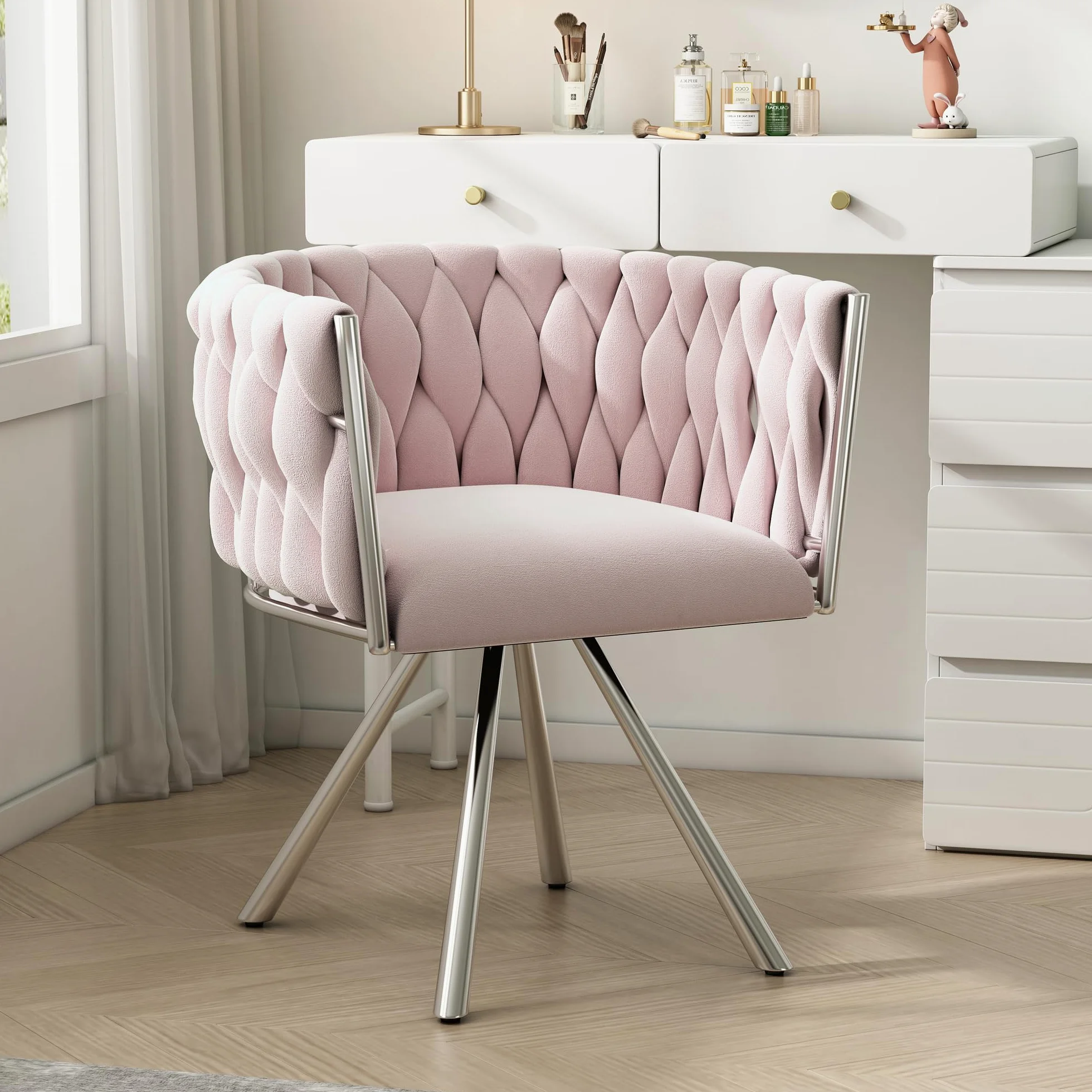 KAZZIO Sedia da trucco in velluto, 1 pezzo, singola sedia girevole per camera da letto, per il tempo libero, quattro gambe di supporto in metallo (1, rosa)