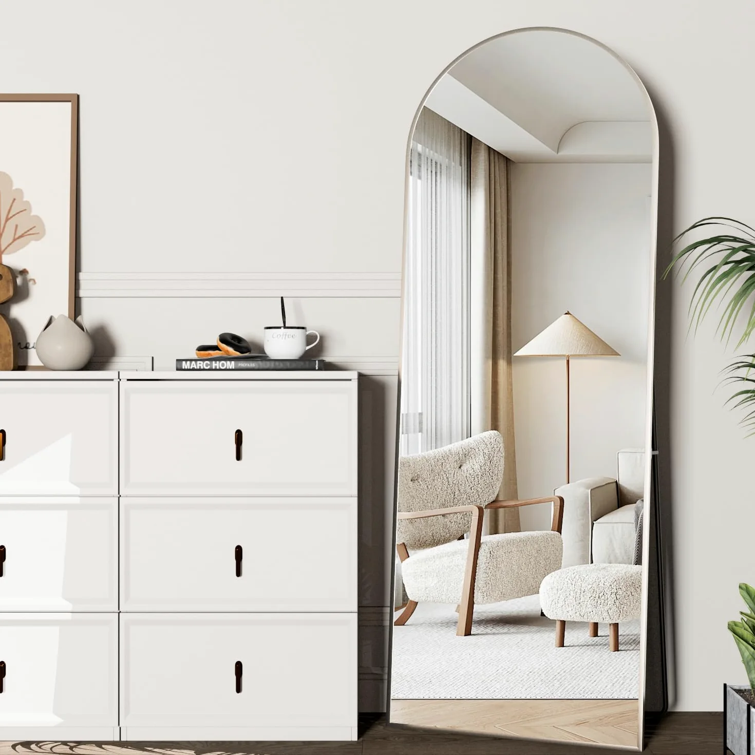 Specchio a figura intera, 162 x 53 cm specchio da pavimento con supporto, specchio ad arco Argento da terra o da appoggio per camera da letto e soggiorno