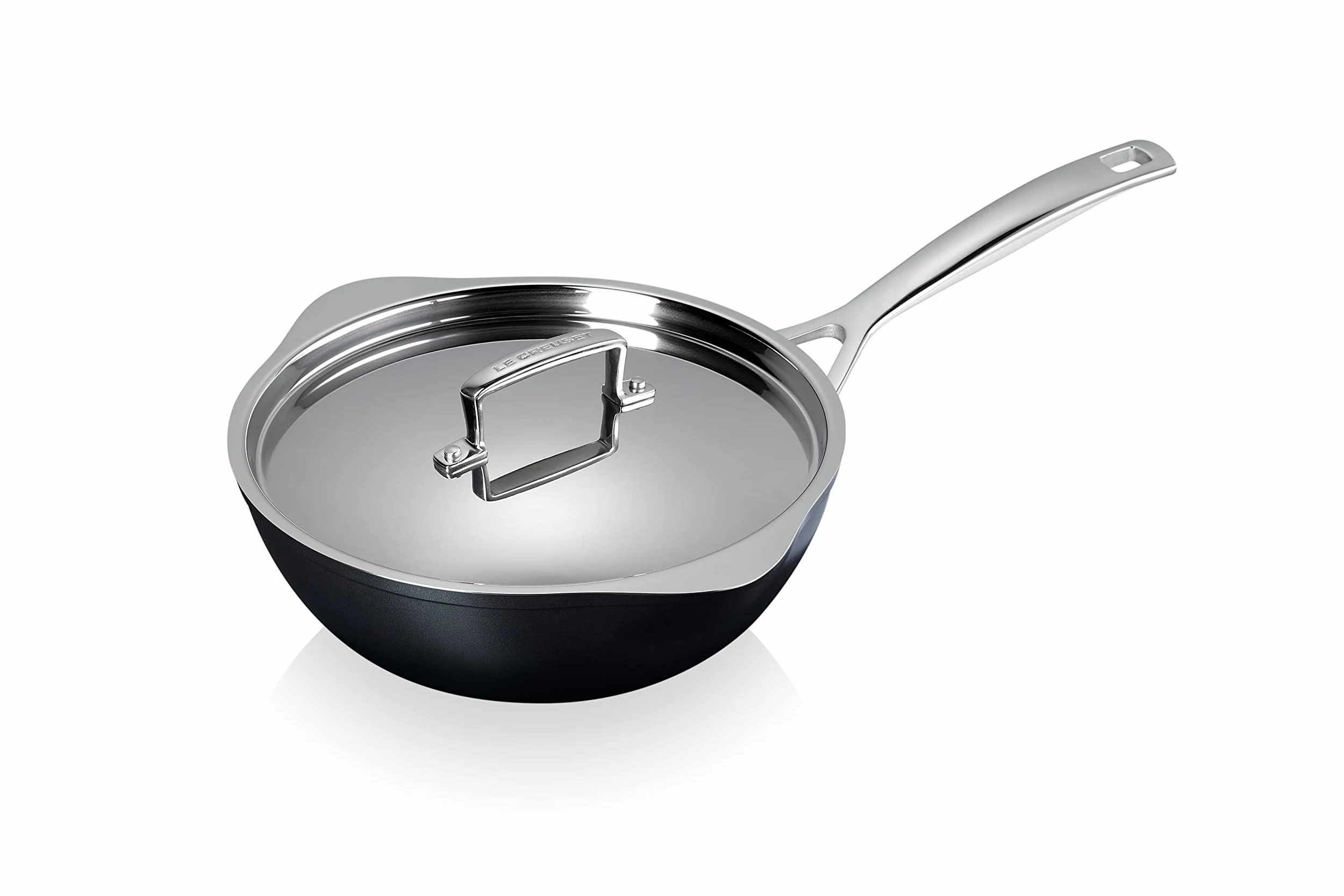 LE CREUSET Toughned 51101240013100 - Padella antiaderente con beccuccio e coperchio, 24 x 8,5 cm, colore: Argento