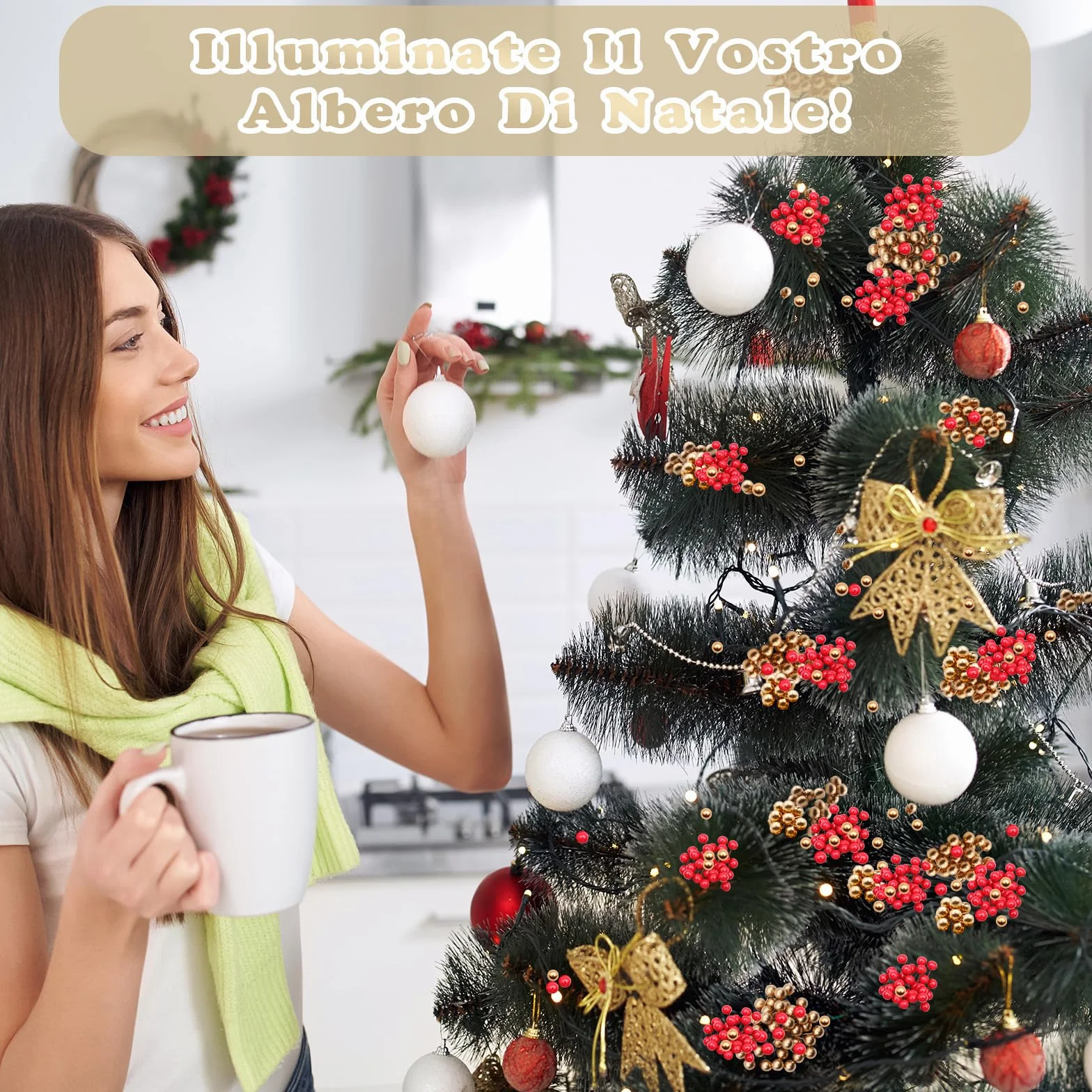 Bacche di Natale Artificiali VEGCOO 210 Pezzi 10 mm Agrifoglio Rosso e Oro per Decorazioni Natalizie
