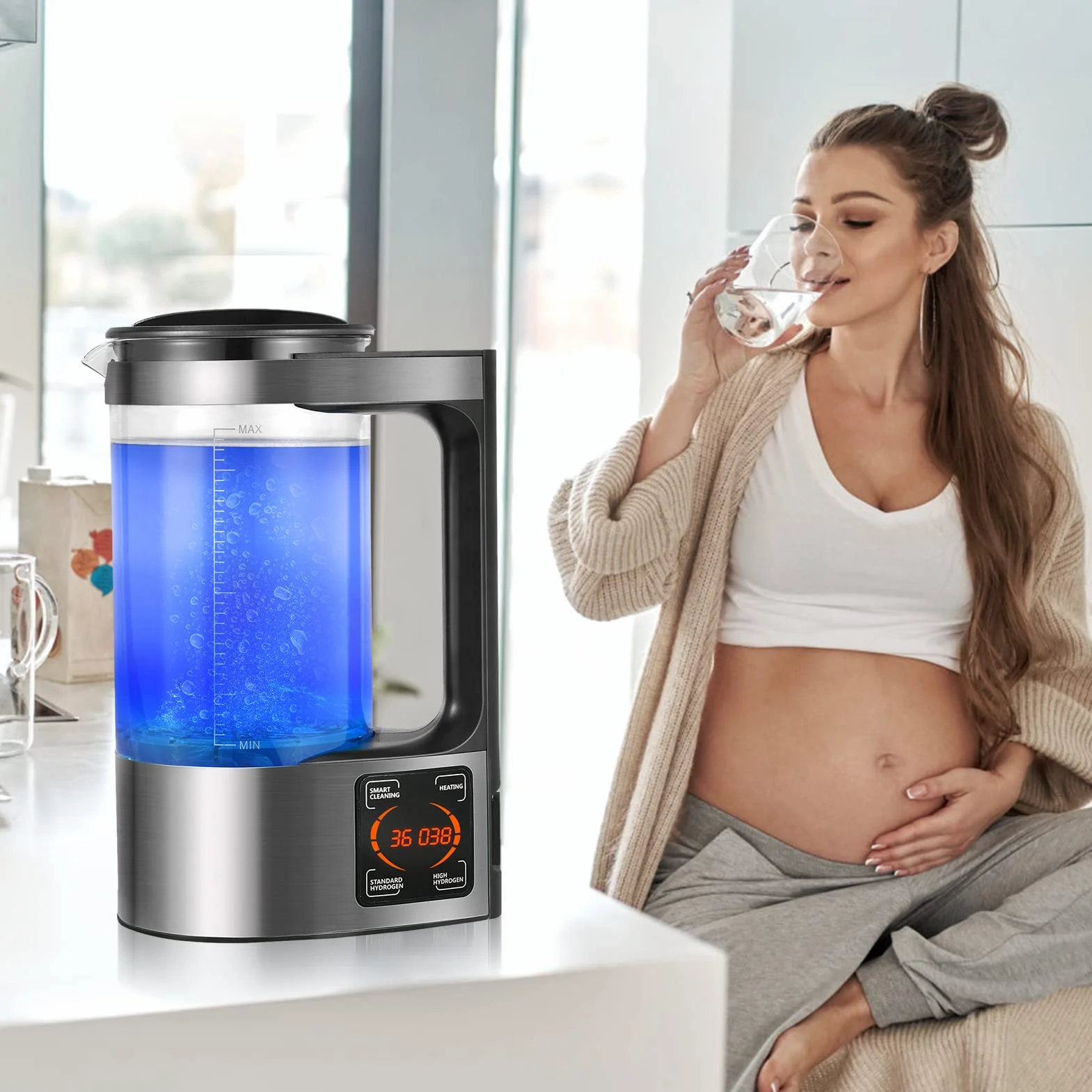 Generatore di Acqua Idrogenata 2L, Macchina Acqua Ricco d'Idrogeno Portatile con Display LED e Termostato