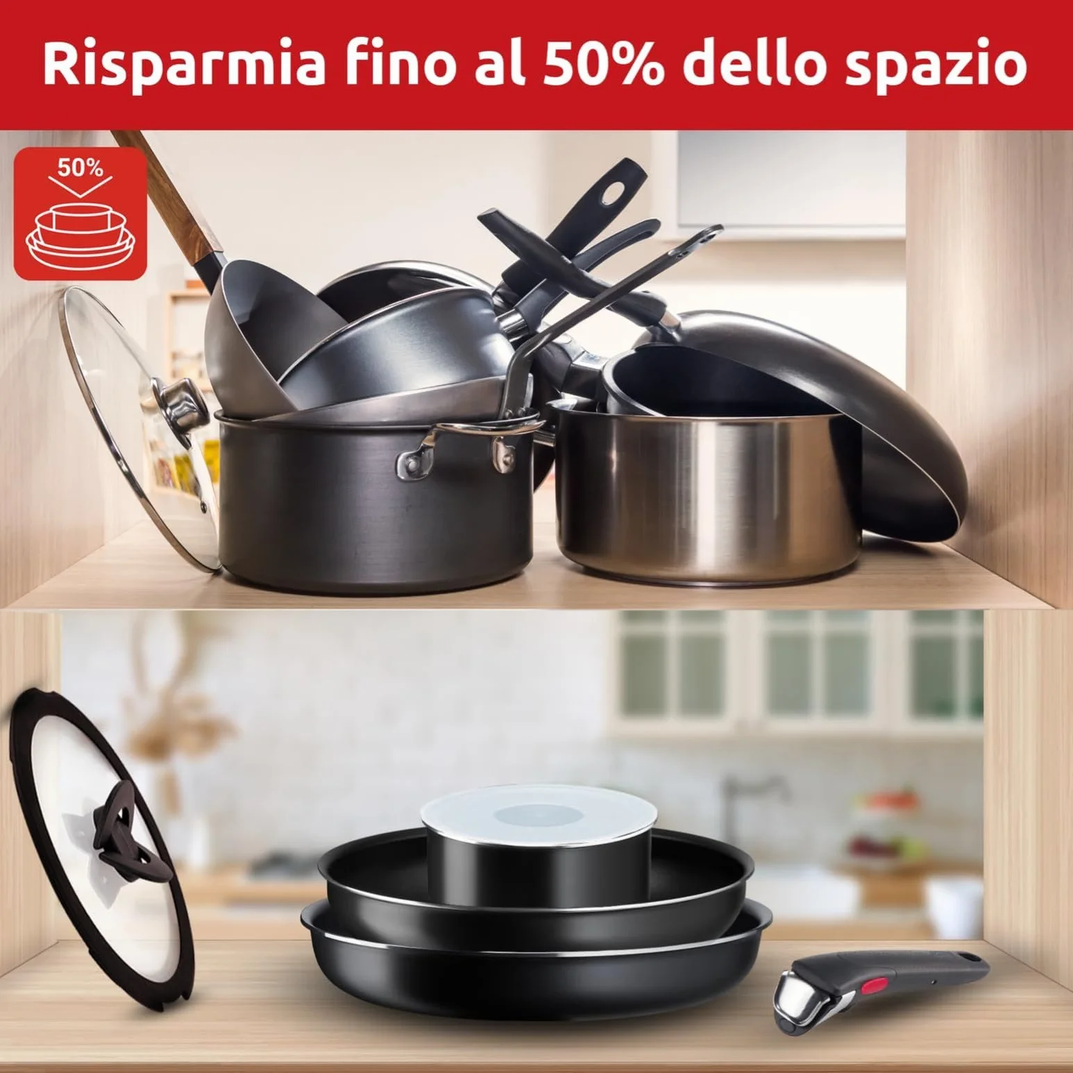Lagostina Ingenio Essential Plus Set di Pentole, Alluminio per Gas e Forno (no induzione), 17 Pezzi, 2 Casseruole Fonde, 2 Padelle, Tegame, Wok, 5 Coperchi, 5 Proteggi Padella e Manico Removibile