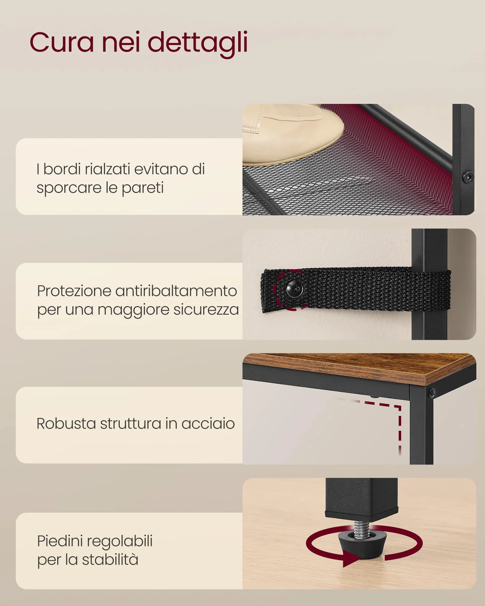 VASAGLE Scarpiera 3 Livelli con Ripiani Regolabili Slim Marrone Vintage Nero