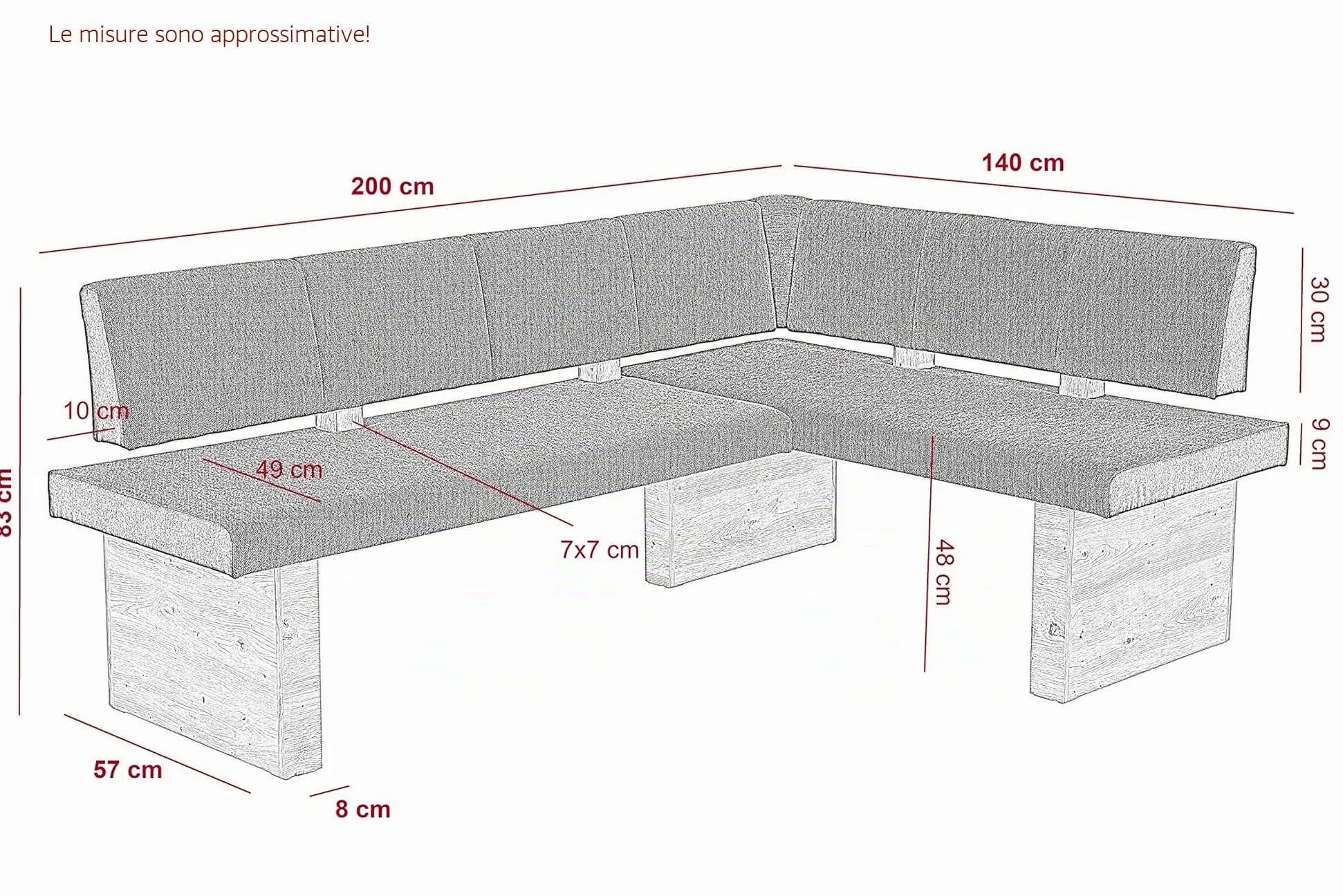 Hela Tische, Linn - Panca angolare, in tessuto marrone, struttura in legno di rovere artigianale, montabile su entrambi i lati, portata circa 300 kg, dimensioni 200 x 140 x 83 cm