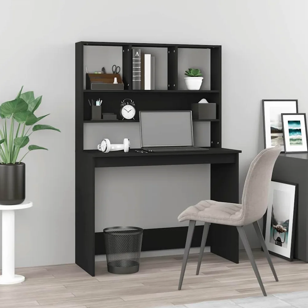 Scrivania con mensola nera, 102 x 45 x 148 cm, in legno, da ufficio, con vano portaoggetti e spazio per raccoglitori e documenti