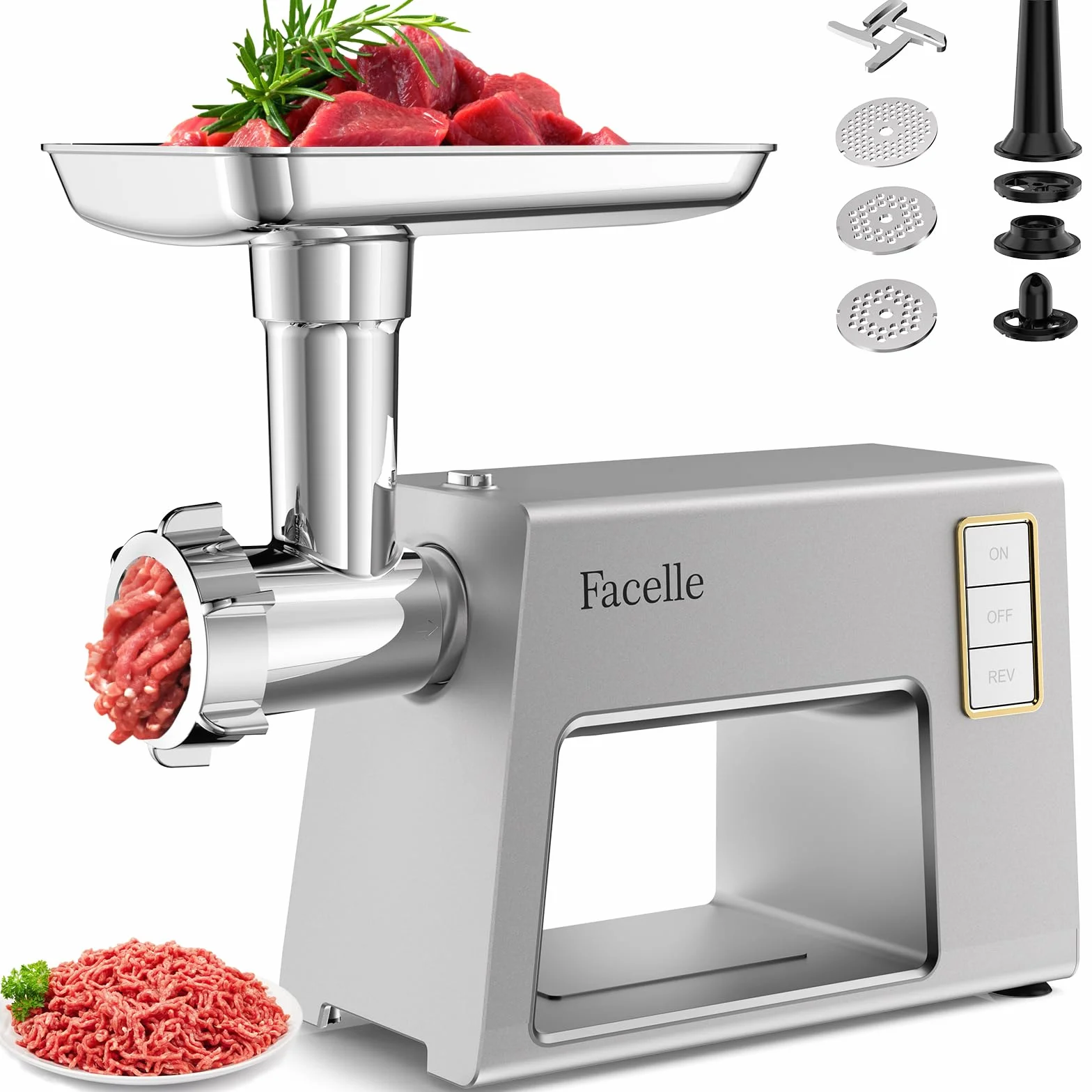 Facelle Tritacarne Elettrico per un Uso Familiare, 2000 W Max, con 3 Piastre Abrasive in Acciaio Inox, 1 Cubo e 1 Tubo di Riempimento per Salsicce, Tritacarne per Hamburger, Kibbeh e Cibo per Cani