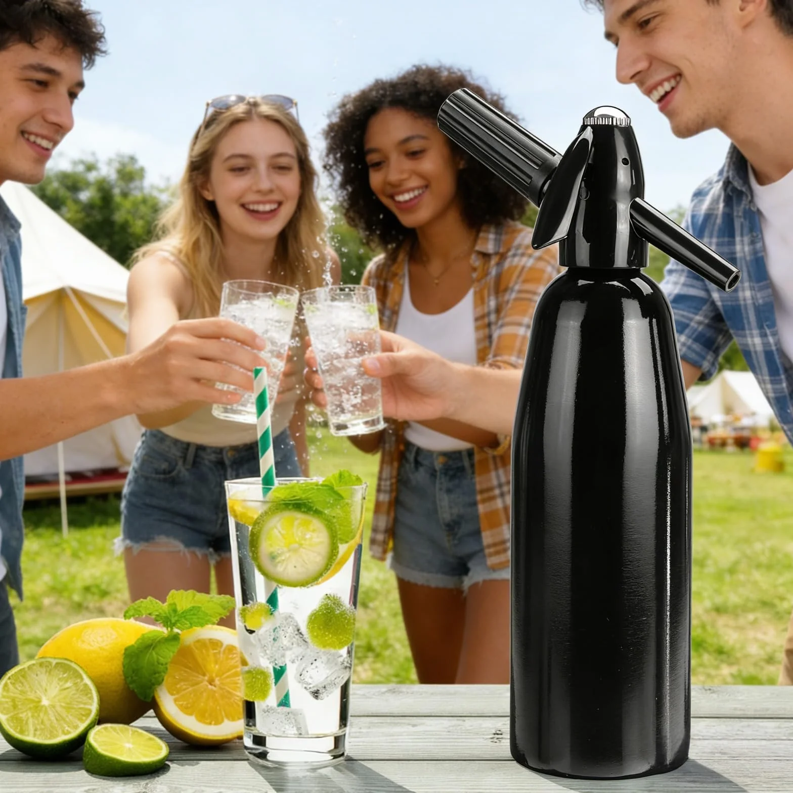 Sifone portatile per soda da 1 litro, in alluminio, per acqua gassata fai da te, kit di bottiglie per acqua frizzante nostalgica per rinfrescare seltzer, cocktail, succhi e bevande gassate (nero)