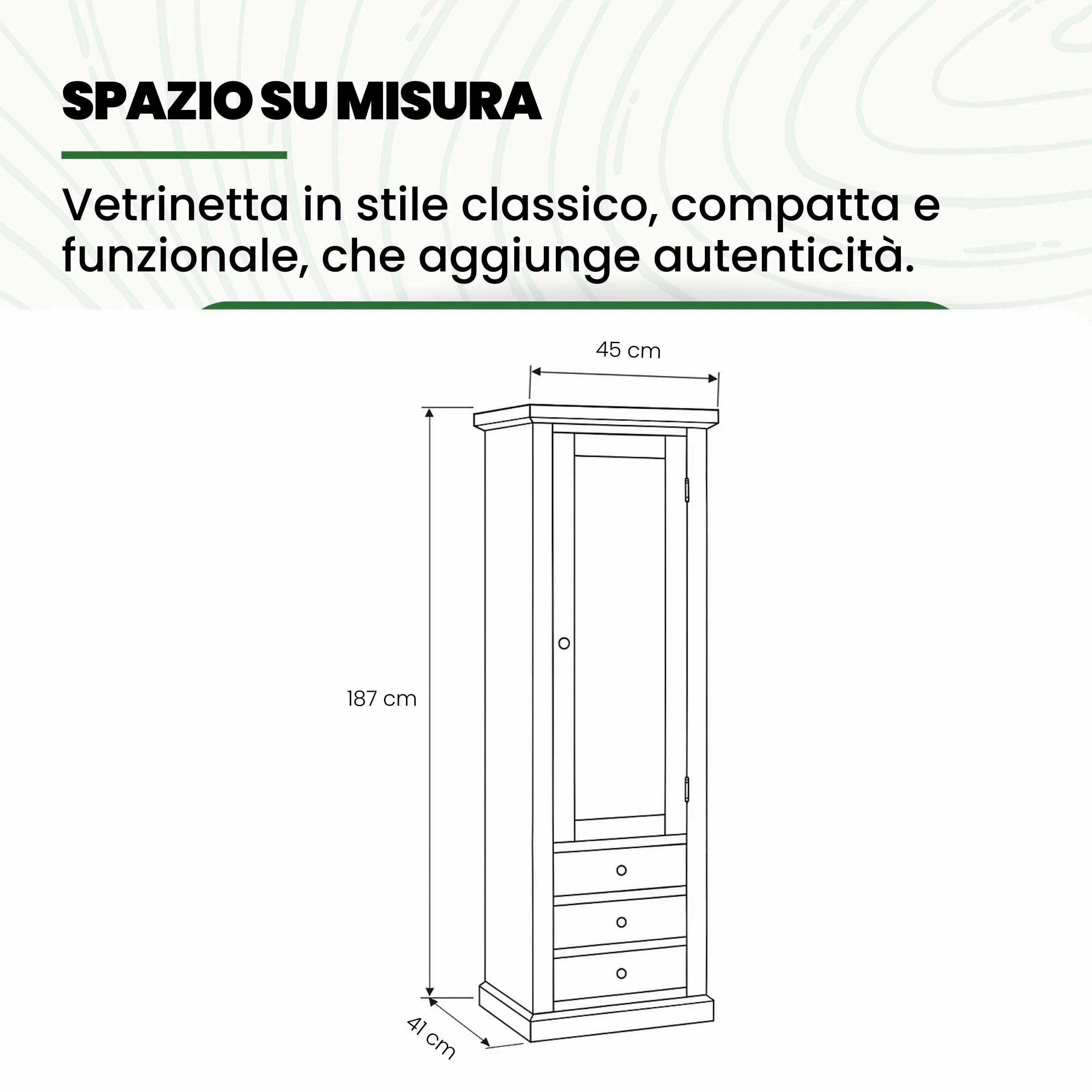 Mar.c.a. Design - Vetrinetta Arte Povera in Legno 45x41x187 cm - 1 Anta 3 Cassetti con Base Piatta - Made in Italy