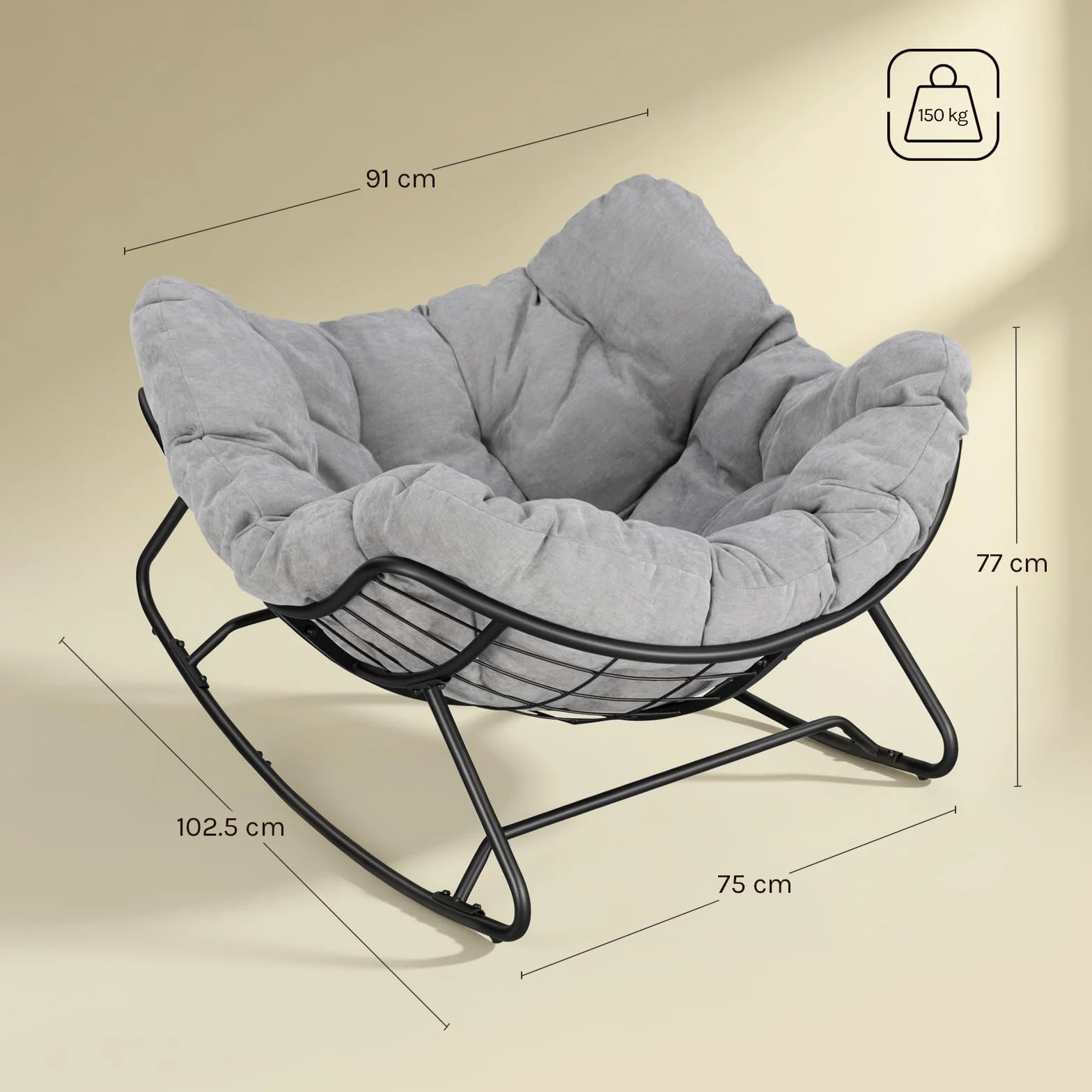 WOLTU Sedia a Dondolo a Forma di Uovo, Poltrona Relax con Gambe Curve, Struttura in Metallo e Cuscino in Ciniglia, Portata 150 kg, per Salotto e Balcone, Grigio Chiaro