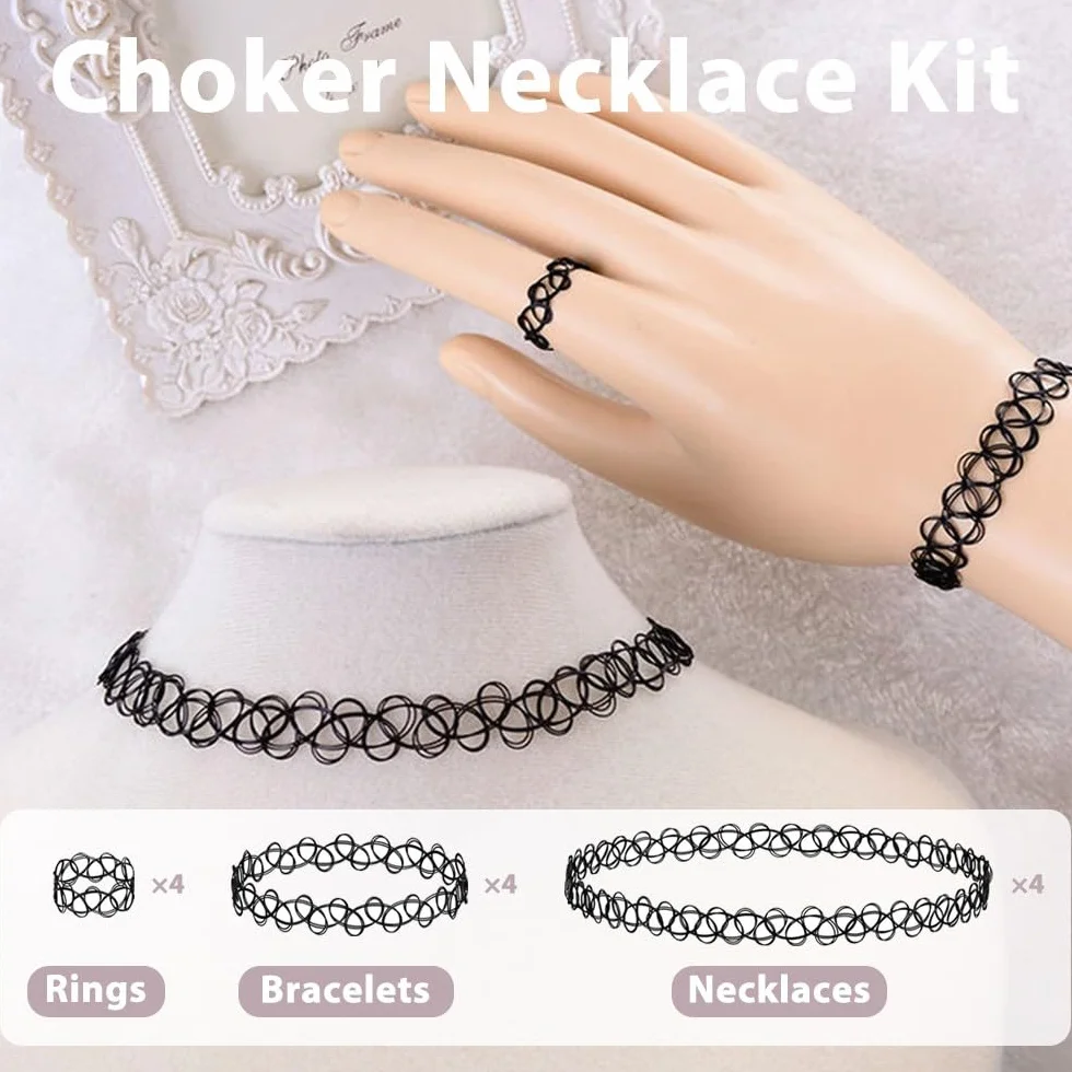 Set di 12 Collane Girocollo Nero Choker Gotiche Retrò Plastica Elastica