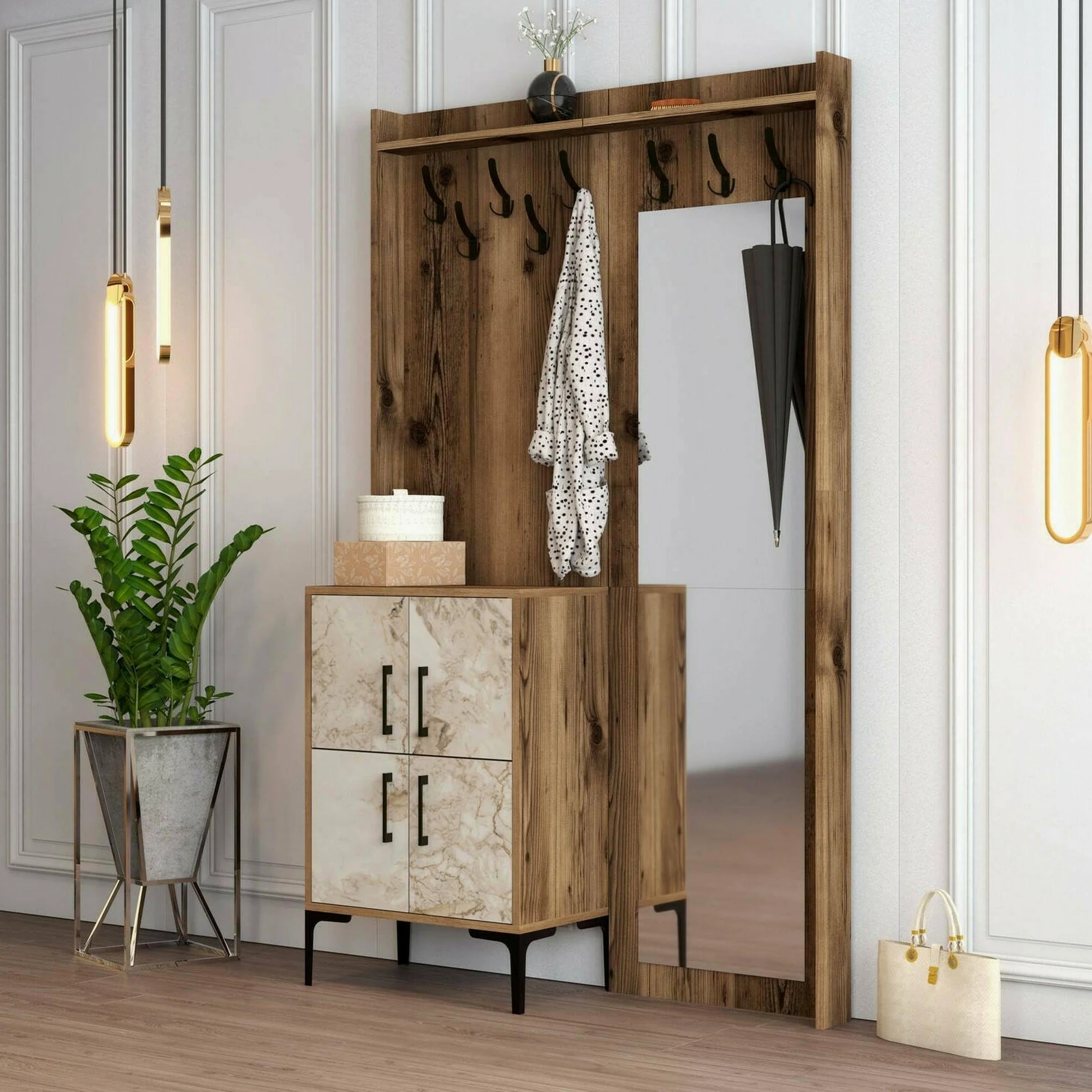 Dmora - Mobile da ingresso Pollux, Entratina appendiabiti, Composizione per atrio, Consolle portaoggetti multifunzione, 120x35h200 cm, Noce e Bianco