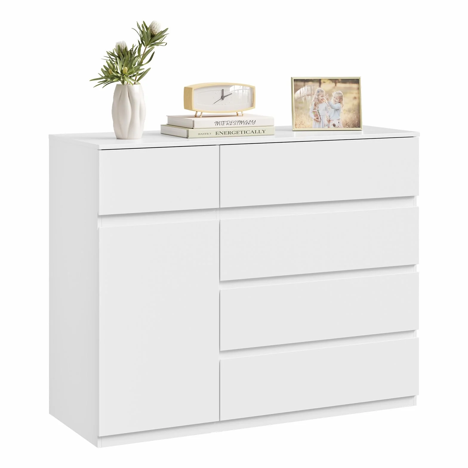 WOLTU Cassettiera Camera da Letto, Mobiletto Salvaspazio con 5 Cassetti e 1 Armadietto, Ripiano Regolabile, per Soggiorno, Ingresso, 100x40x80 cm, Bianco