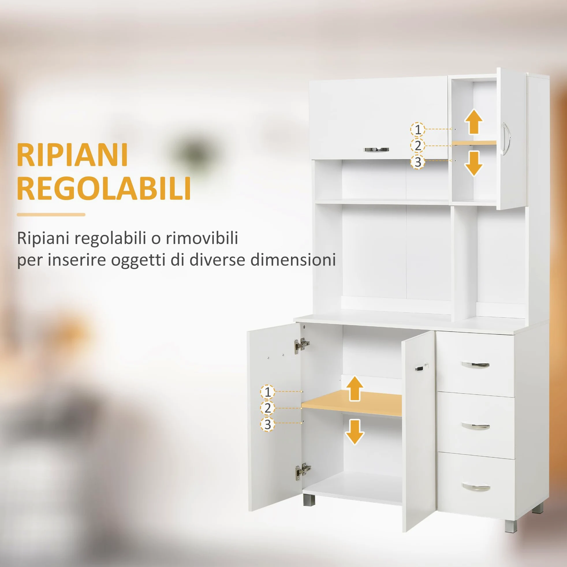HOMCOM Credenza Alta Moderna con Cassetti e Armadietti, Mobile Cucina per Microonde con Ripiani Aperti, 100x39.5x183.5cm, Bianco