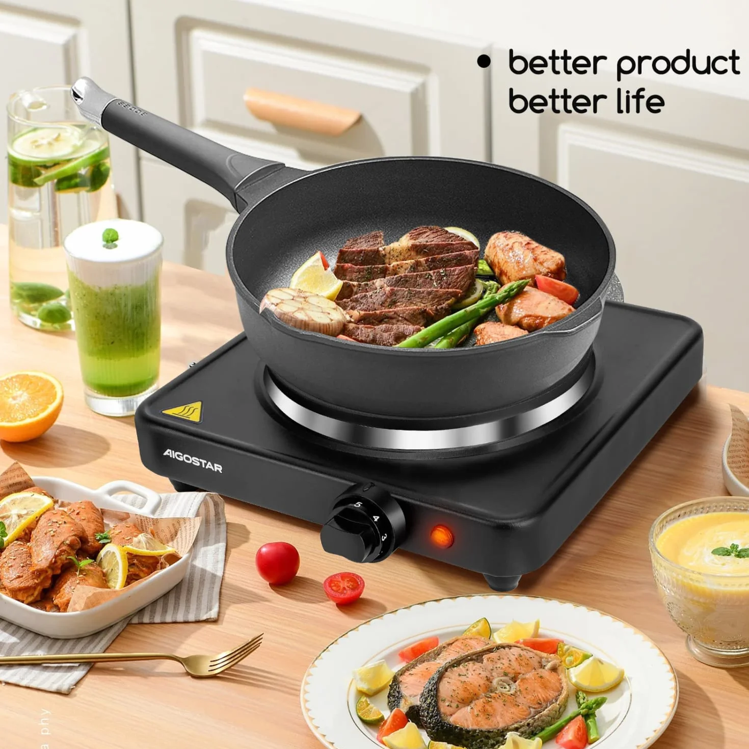 Aigostar Piastra Elettrica 1500W Fornello Portatile Ghisa Riscaldamento Rapido Temperatura Regolabile Nero
