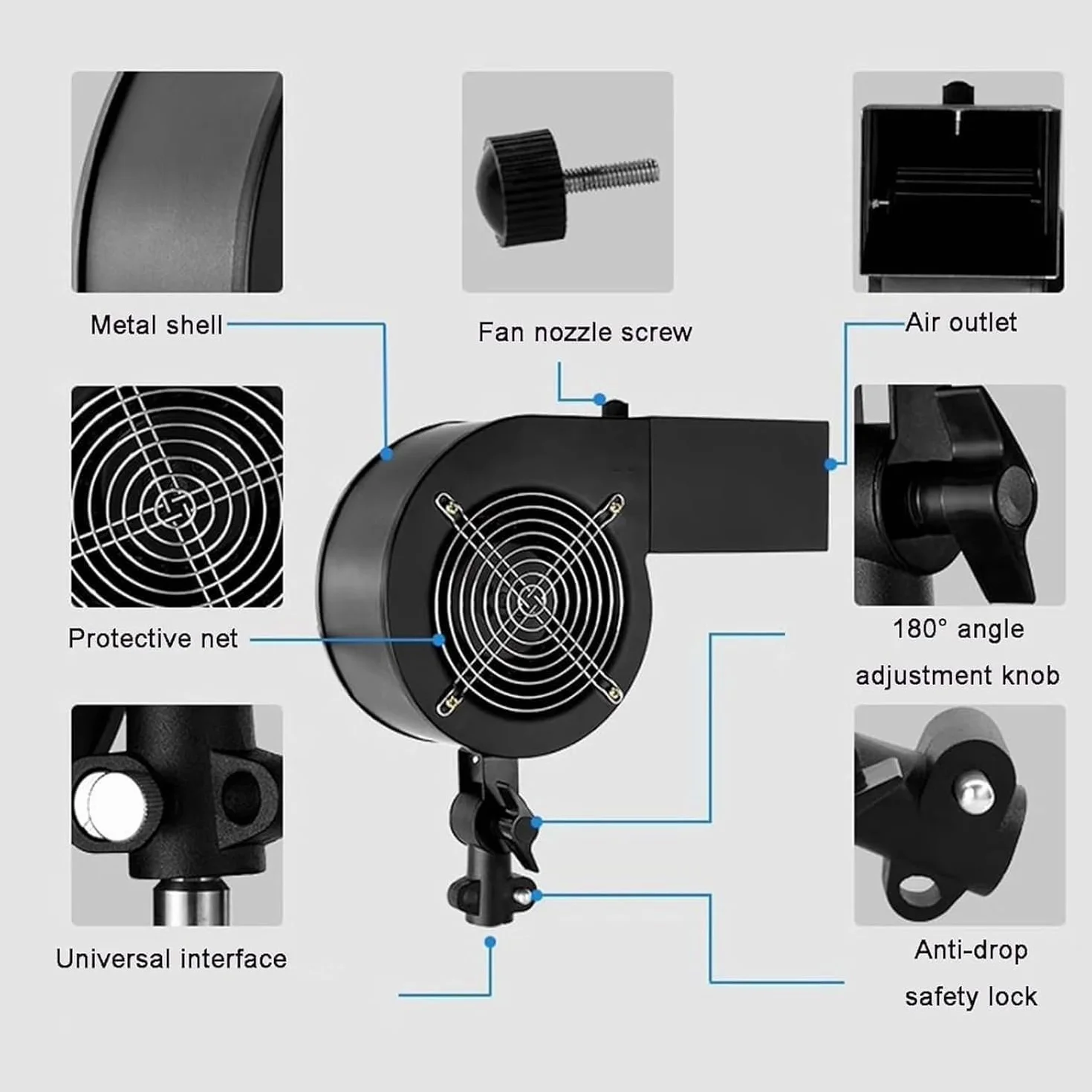 Ventilatore portatile for fotografia, macchina for effetti speciali da palcoscenico da 120 W, velocità massima 2600 giri/min e angolo regolabile, ventilatore for capelli da studio