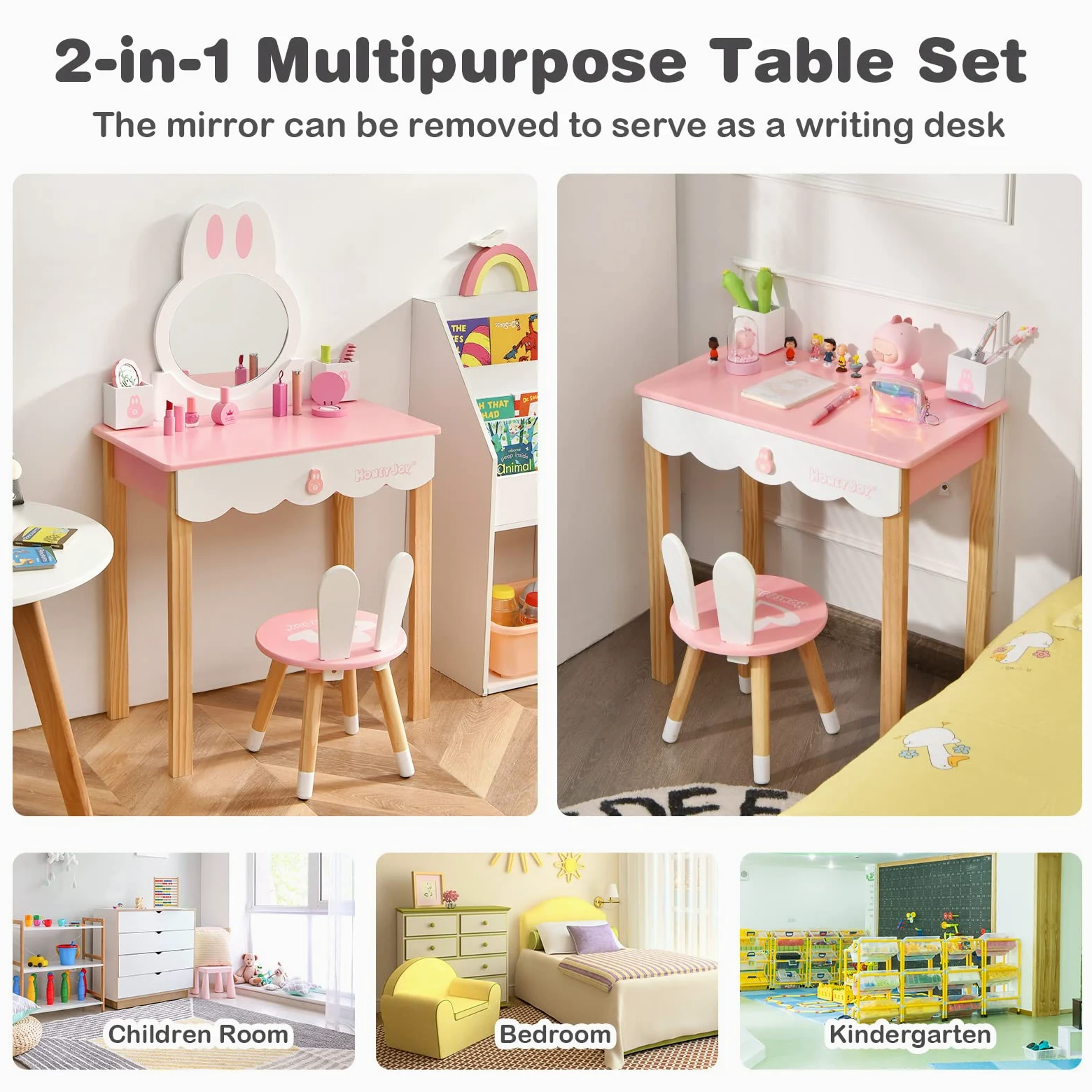 RELAX4LIFE 2 in 1 Toeletta Trucco Bambina con Sgabello, Scrivania con Specchio Rotondo Rimovibile, Cassetto con Manopola e 2 Organizer Porta Trucchi/Penne (Rosa)