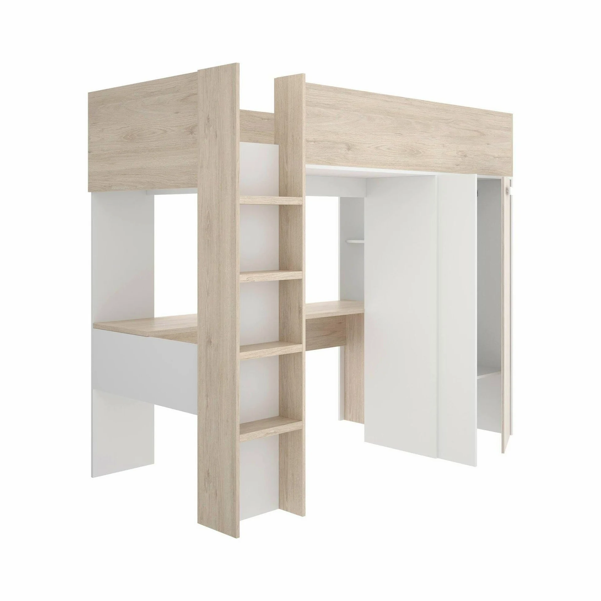 Dmora - Composizione camera da letto Focoletta, Stanza da letto completa, Cameretta per bambini, Set per arredo a ponte, 206x111 h178 cm, Bianco e Rovere
