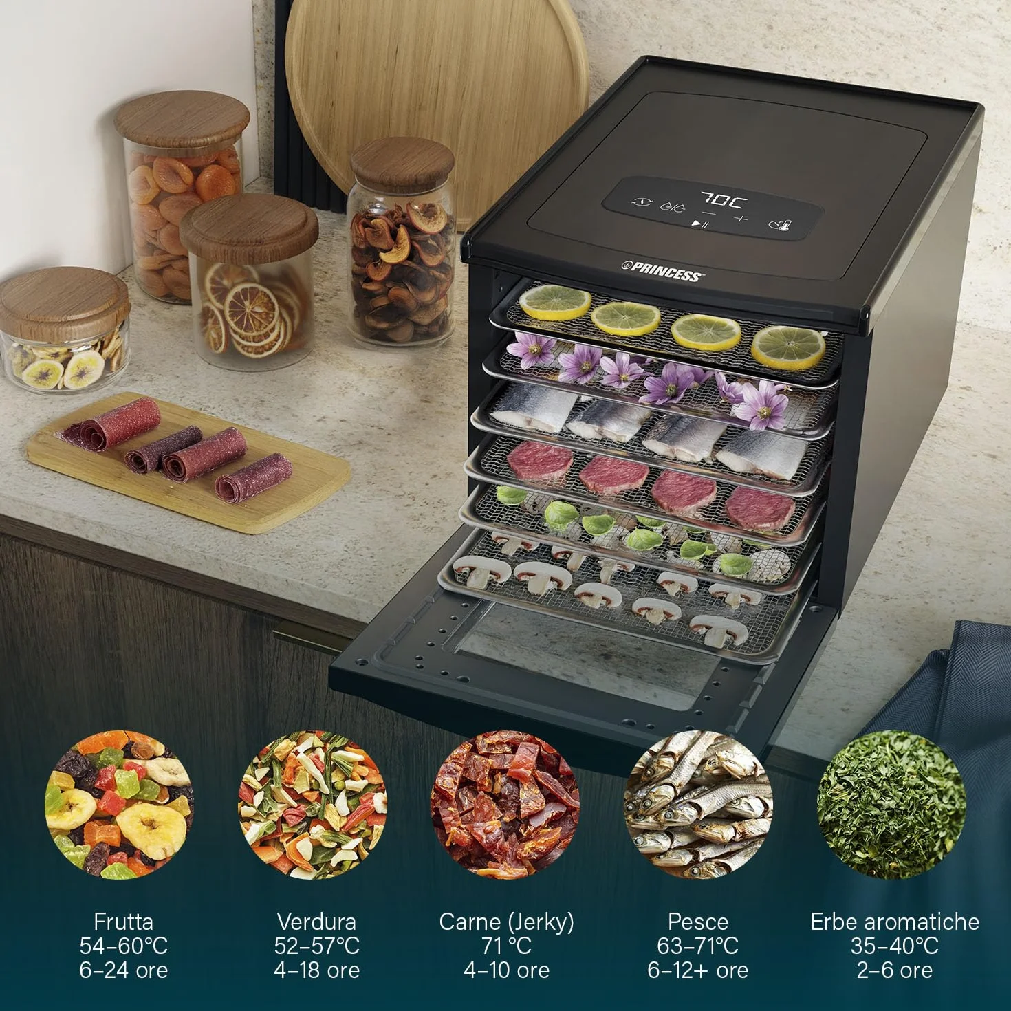 Princess Food Dehydrator con 6 Vassoi in Acciaio Inox, Temperatura Regolabile, Display Touch, Timer fino a 48 Ore, 550 W, 01.112398.01.001