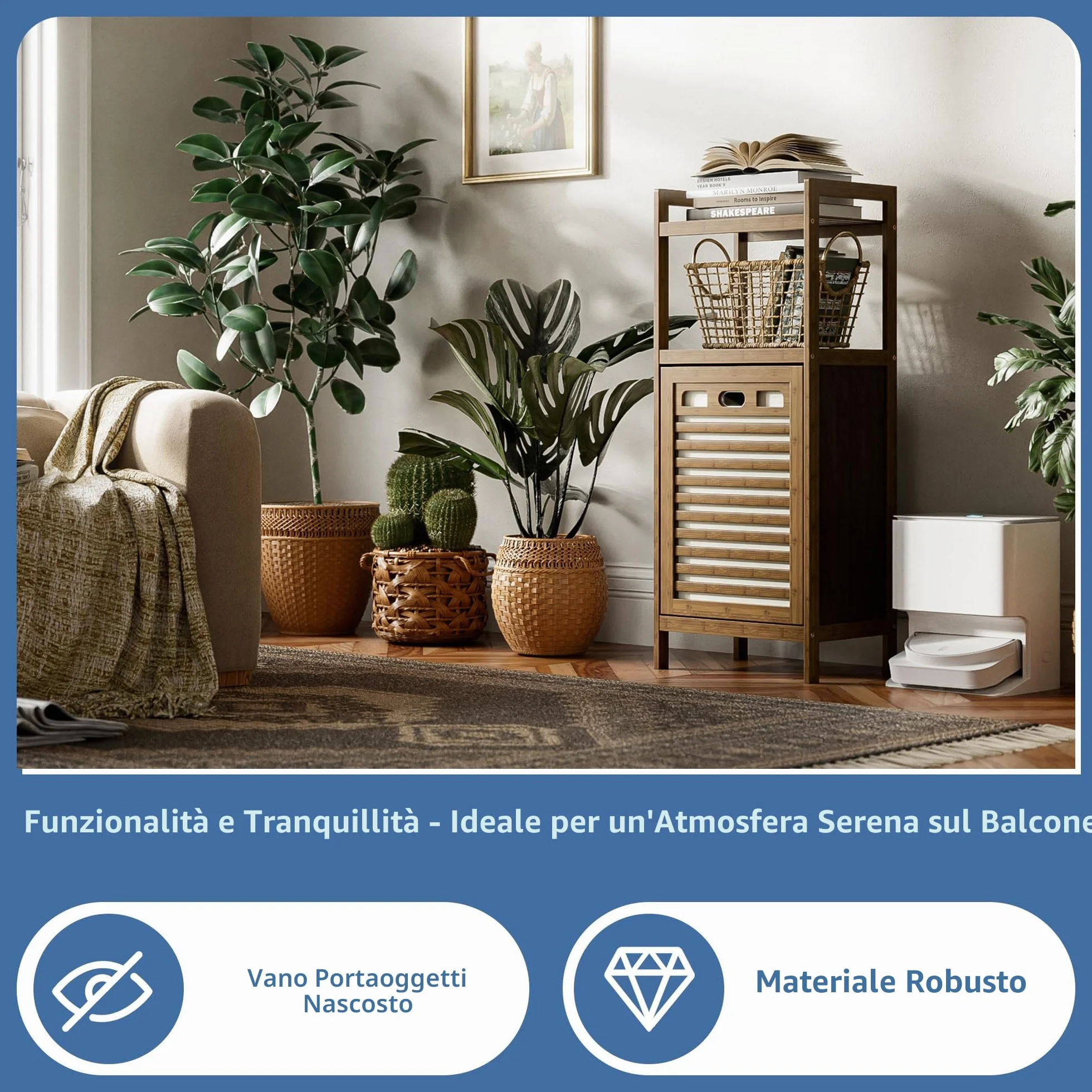 HITNET Mobile Bagno con Portabiancheria, Mobiletto Bagno da Terra in Bambù 2 Ripiani con 1 Cesto Portabiancheria, 40L Sacco Interno Rimovibile con Maniglie per Lavanderia e Camera da Letto, Noce