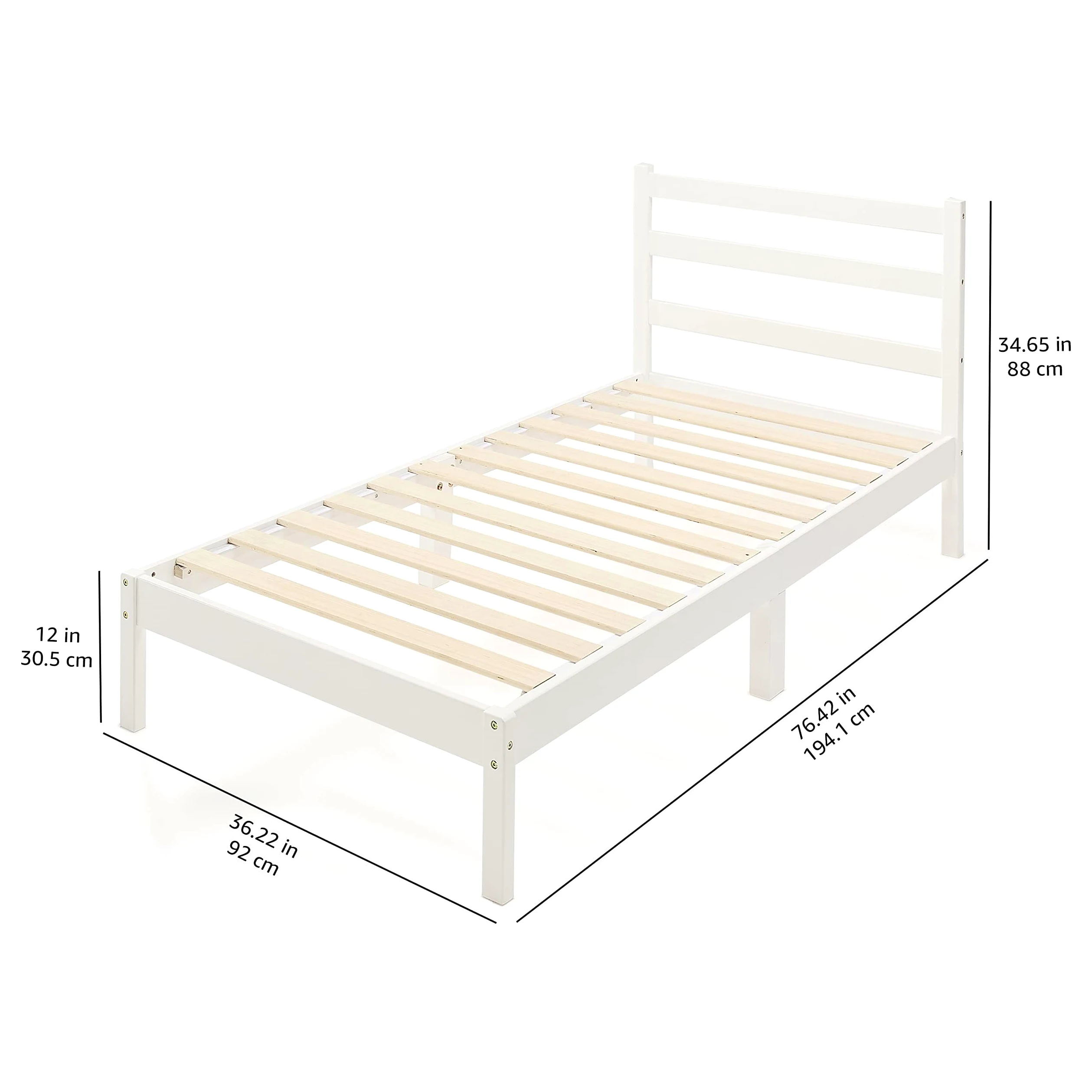 Amazon Basics Struttura per letto, piattaforma in legno di pino massiccio, con testiera a coste, moderna, facile da montare, per bambini, singola, Bianco, 90 x 190 x 88 cm