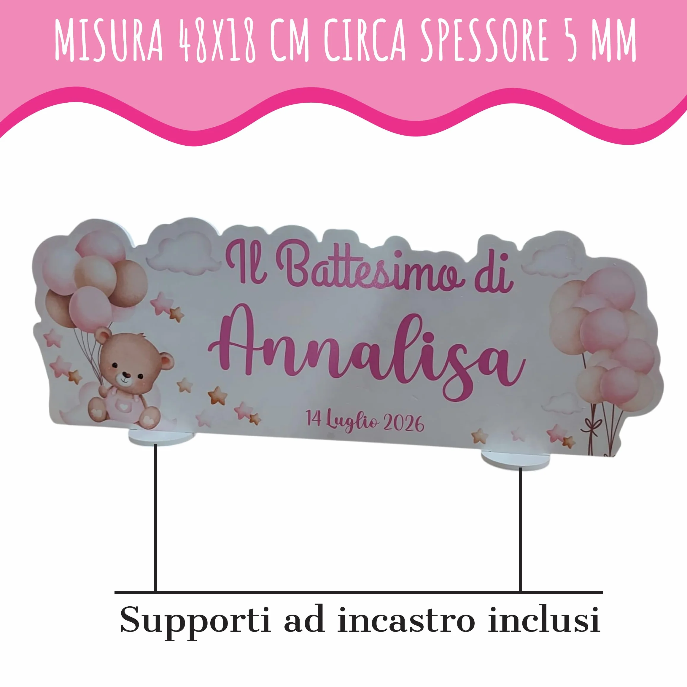 PV Grafik® Centro Tavola Battesimo Personalizzato, Centro Tavola confettata Battesimo, Tema Orsetto Bimba, Allestimento Battesimo Nome per Confettata Personalizzato (40B)