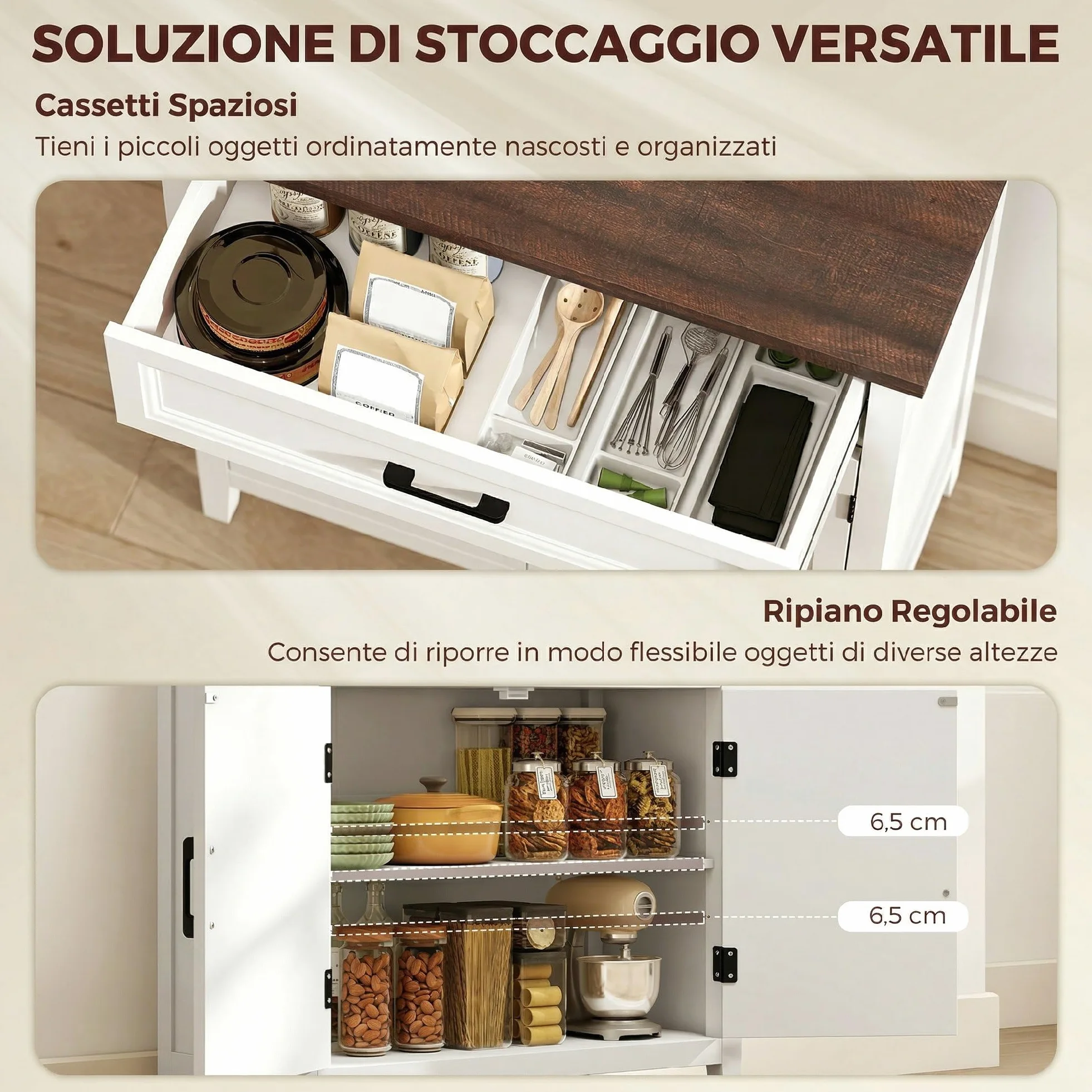 HOMCOM Credenza Cucina, Mobile Cucina con 2 Ante, Ripiano Regolabile e Cassetto, Piano Effetto Legno, Stile Rustico, Credenza Buffet per Soggiorno, Salotto, Sala da Pranzo, 76x35x80 cm, Bianco