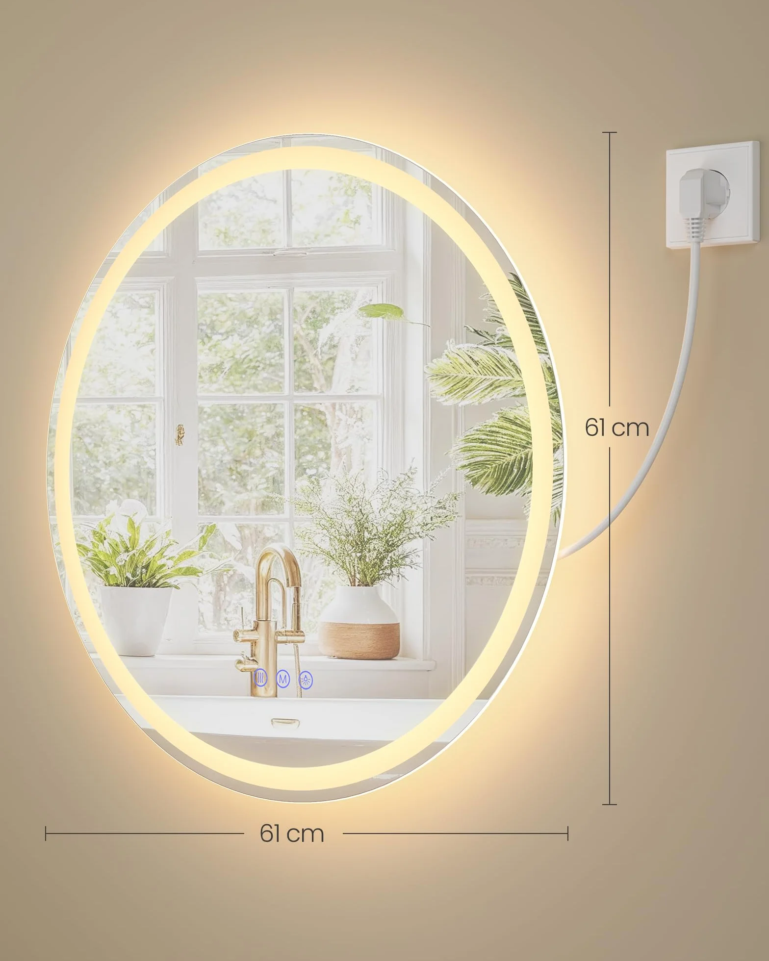 SONGMICS Specchio Bagno con Luce, Specchio da Parete Rotondo, Funzione Antiappannamento, Tonalità e Luminosità Regolabili, Trucco, Camera da Letto Bagno, 61 cm, Bianco Nuvola LWM211WC02