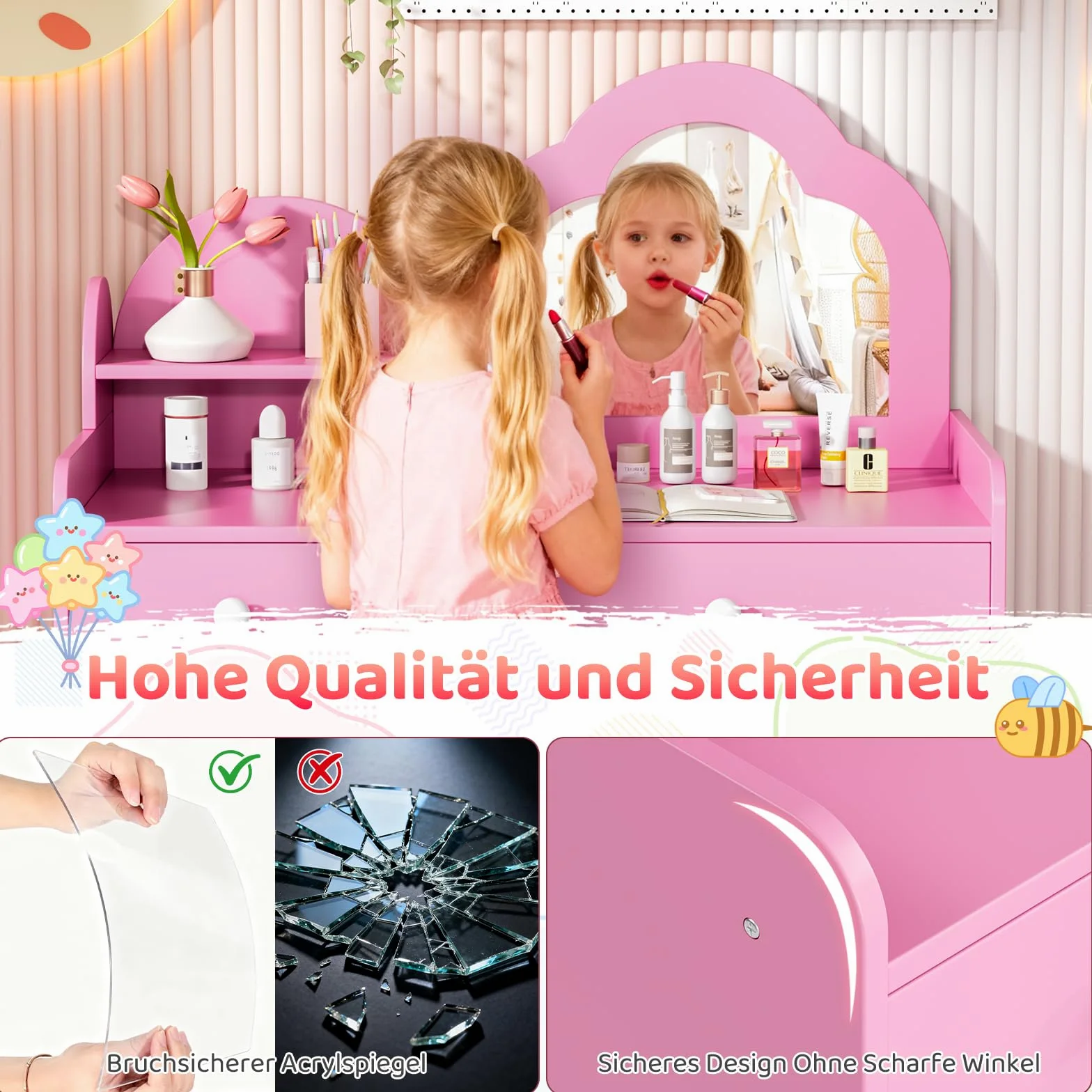 MAMIZO Toeletta Trucco Bambina, Tavolino da Trucco per Bambine con Specchio Rimovibile, 2 in 1 Toeletta per Bambini con Sgabello e Cassetti, Robusto e Stabile, 73,5x40x90,5cm (Rosa)