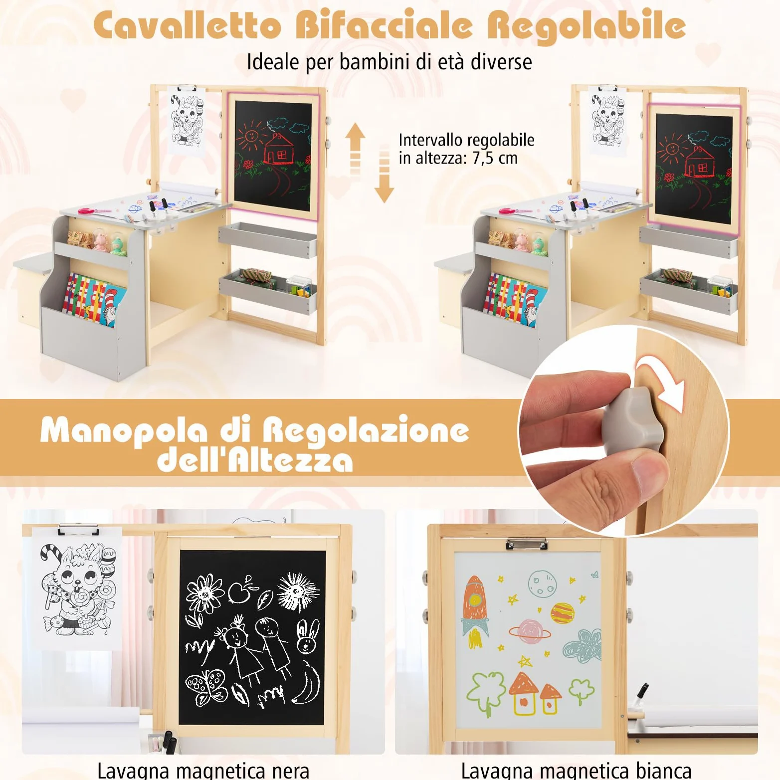 RELAX4LIFE Set Tavolo con Sedie 3 in 1, Cavalletto Regolabile/Scaffale/Scrivania/Lavagna Bianca/Lavagna Nera/Libreria con Tazze,Pennarelli,Gomma, Gessetti,114x81x100 cm (GRIGIO)