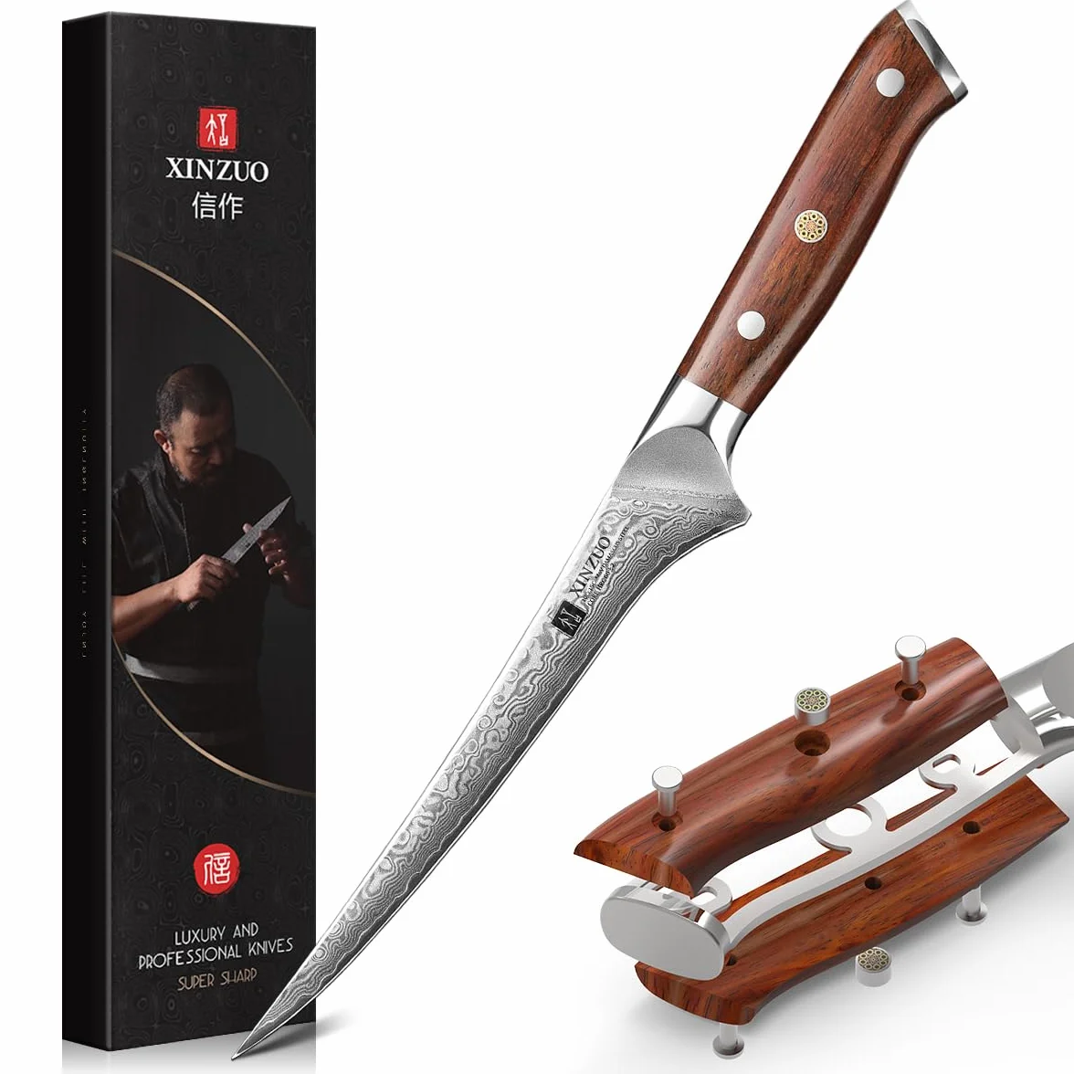 XINZUO Coltello per Sfilettare da Cucina 18cm Acciaio Damasco 67 Strati Manico in Legno di Rosa