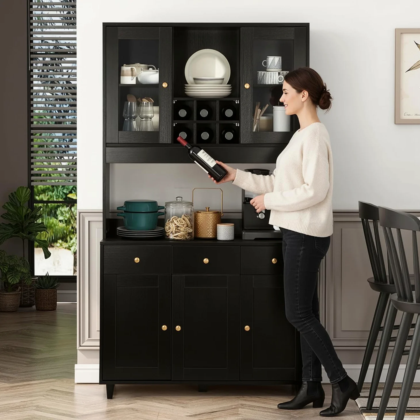 VOWNER Credenza Cucina, Mobile Buffet con 5 Armadietti, Mobile da Cucina Dispensa, Armadio Dispensa, 5 Ripiani Regolabili, per Cucina, Soggiorno, 100L x 38W x 181H cm, Nero