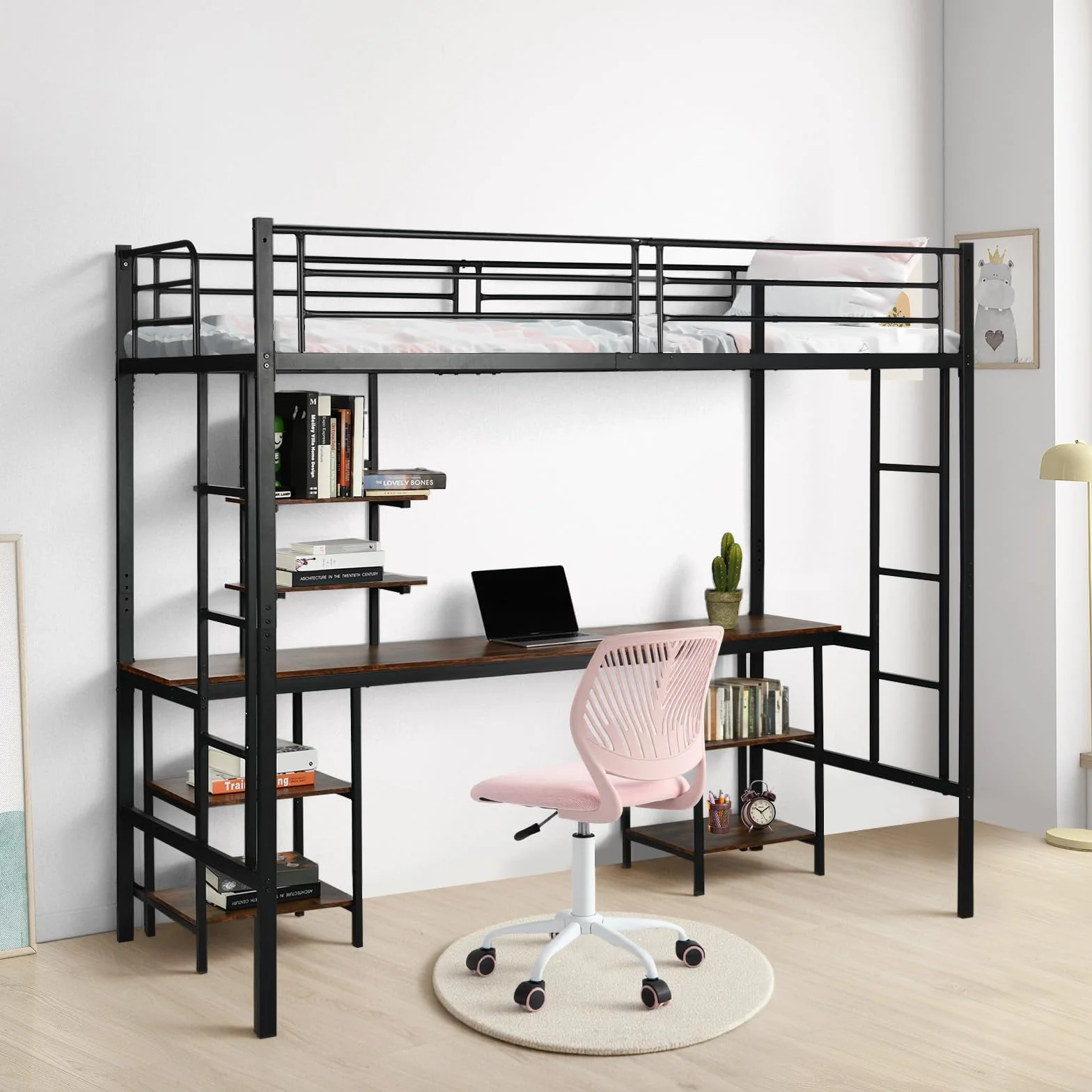 Letto a soppalco in metallo 90 x 200 cm, letto a soppalco con scrivania e librerie, Stile industriale, Letti per bambini, ragazzi e adulti, Nero