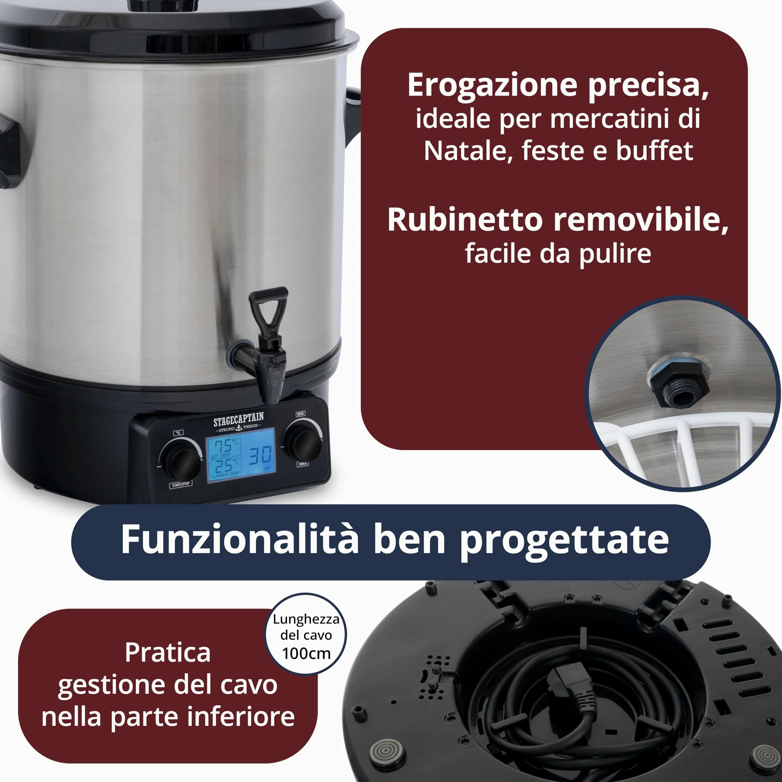 Stagecaptain GWK27D Scaldavino 27 L per vin brulé, bevande calde, marmellate, frutta e zuppe — 2000 W, acciaio inox, regolatore temperatura, timer, spegnimento automatico, display LCD