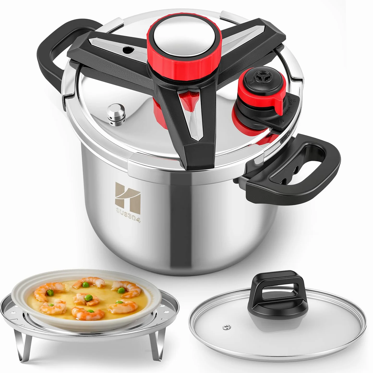 Huanyu Pentola a pressione 3 in 1 da 7 litri in acciaio inossidabile con piastra per cottura a vapore e coperchio in vetro Pentola a pressione antideflagrante adatta a tutti i tipi di fornelli (7 L)